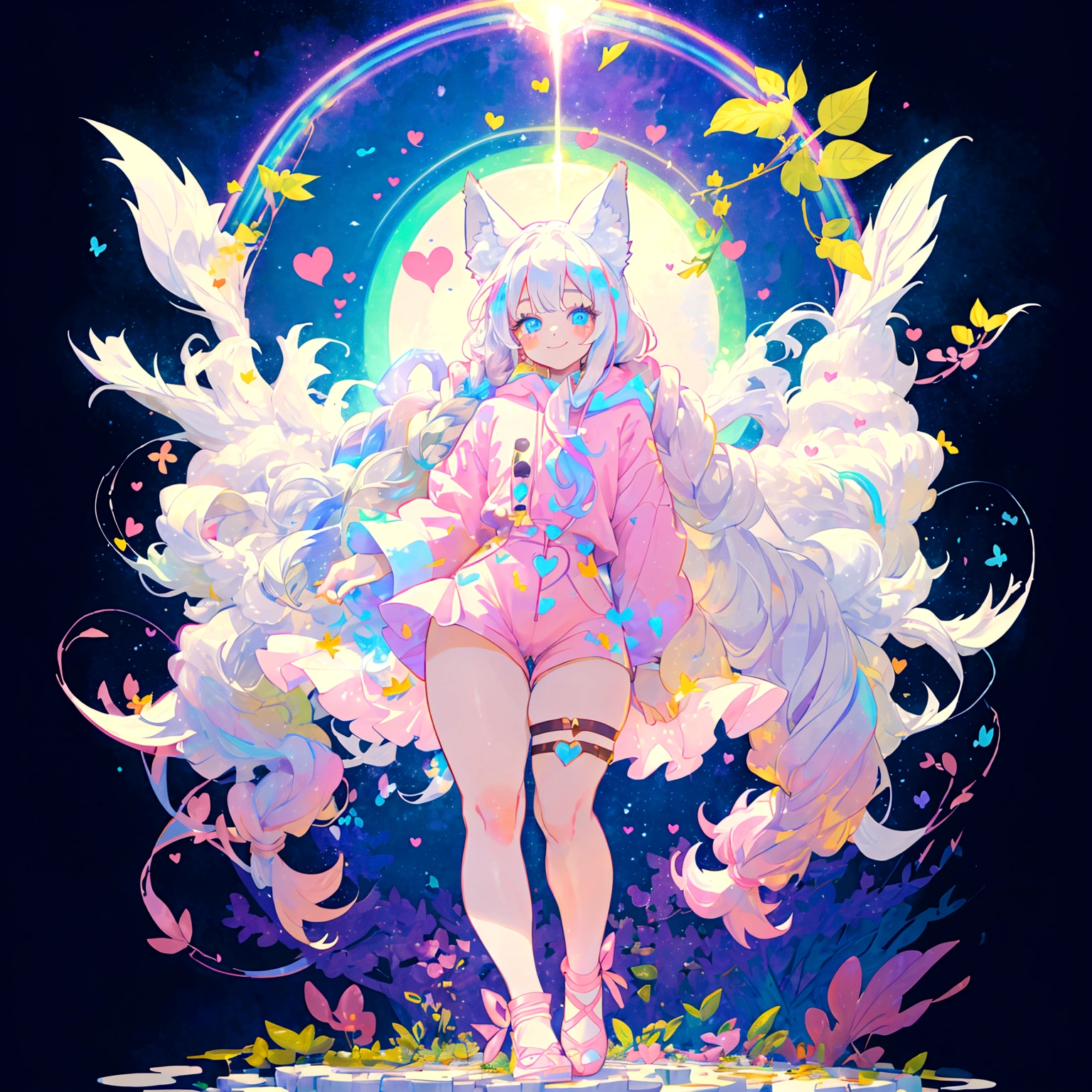a cute adult male with wolf ears, long white hair, long locks, has a wolf tail, thick thighs, wide hips, short, wearing pink romper with a hood and pink shorts, has heart on chest, has bunny ears on hood, very slim, showing slender tummy, squishy thighs, has glowing blue eyes. alone, solo (ALONE)(SOLO), surrounded by rainbows, colorful galaxy backround, smiling, ontop of a pile of fluffy plushes, plushies everywhere, kawaii plushies, surrounded by bubbles, surrounded by rainbow leaves, standing up dancing, thicc thighs