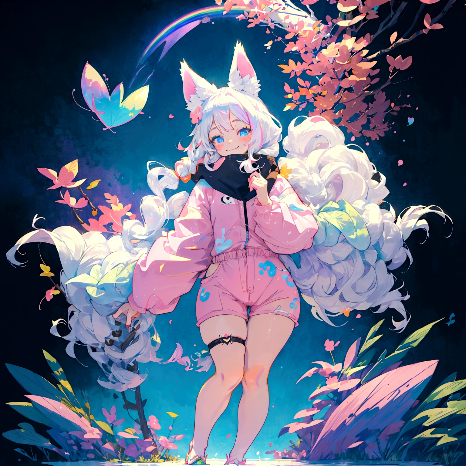 a cute adult male with wolf ears, long white hair, long locks, has a wolf tail, thick thighs, wide hips, short, wearing pink romper with a hood and pink shorts, has heart on chest, has bunny ears on hood, very slim, showing slender tummy, squishy thighs, has glowing blue eyes. alone, solo (ALONE)(SOLO), surrounded by rainbows, colorful galaxy backround, smiling, ontop of a pile of fluffy plushes, plushies everywhere, kawaii plushies, surrounded by bubbles, surrounded by rainbow leaves, standing up dancing, thicc thighs