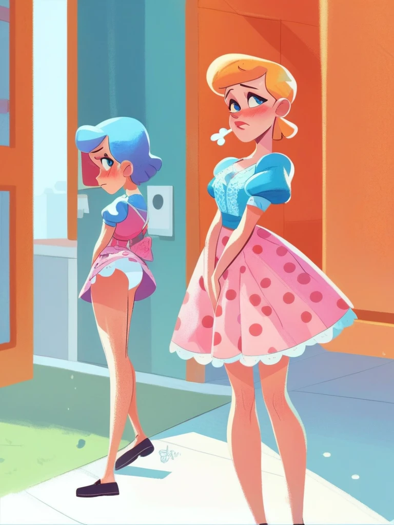 score_9, score_8_up, score_7_up, score_6_up, 1girl, dress, puffy sleeves, blue shirt, big skirt, skirt with polka dot print, short hair, windy skirt, upskirt, white panties with polka dot print, pink slip-ons, long legs, shy, standing, manhole cover, steam
BobeepXLP DisneyStyleXLP