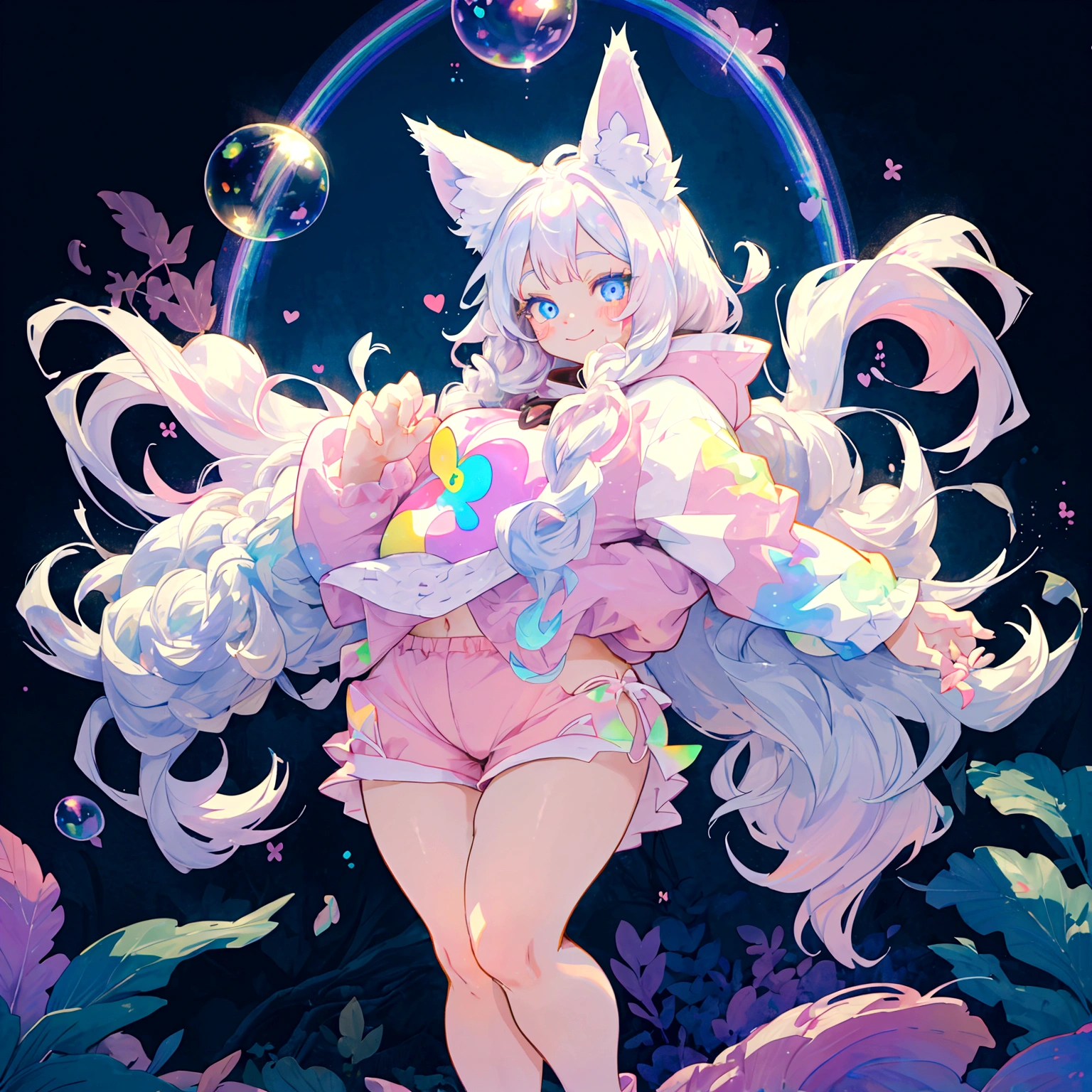 a cute adult male with wolf ears, long white hair, long locks, has a wolf tail, thick thighs, wide hips, short, wearing pink romper with a hood and pink shorts, has heart on chest, has bunny ears on hood, very slim, showing slender tummy, squishy thighs, has glowing blue eyes. alone, solo (ALONE)(SOLO), surrounded by rainbows, colorful galaxy backround, smiling, ontop of a pile of fluffy plushes, plushies everywhere, kawaii plushies, surrounded by bubbles, surrounded by rainbow leaves, standing up dancing, thicc thighs