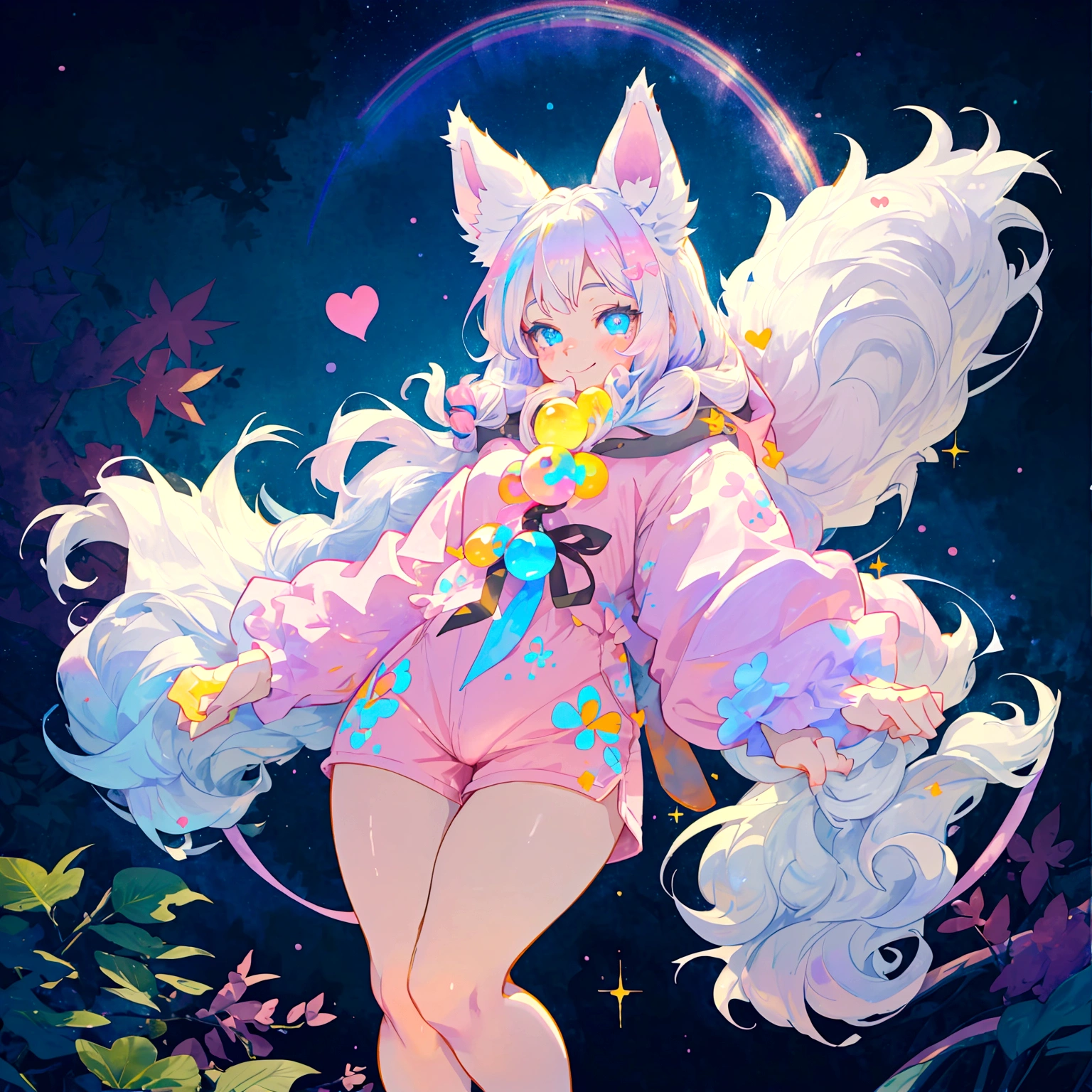 a cute adult male with wolf ears, long white hair, long locks, has a wolf tail, thick thighs, wide hips, short, wearing pink romper with a hood and pink shorts, has heart on chest, has bunny ears on hood, very slim, showing slender tummy, squishy thighs, has glowing blue eyes. alone, solo (ALONE)(SOLO), surrounded by rainbows, colorful galaxy backround, smiling, ontop of a pile of fluffy plushes, plushies everywhere, kawaii plushies, surrounded by bubbles, surrounded by rainbow leaves, standing up dancing, thicc thighs