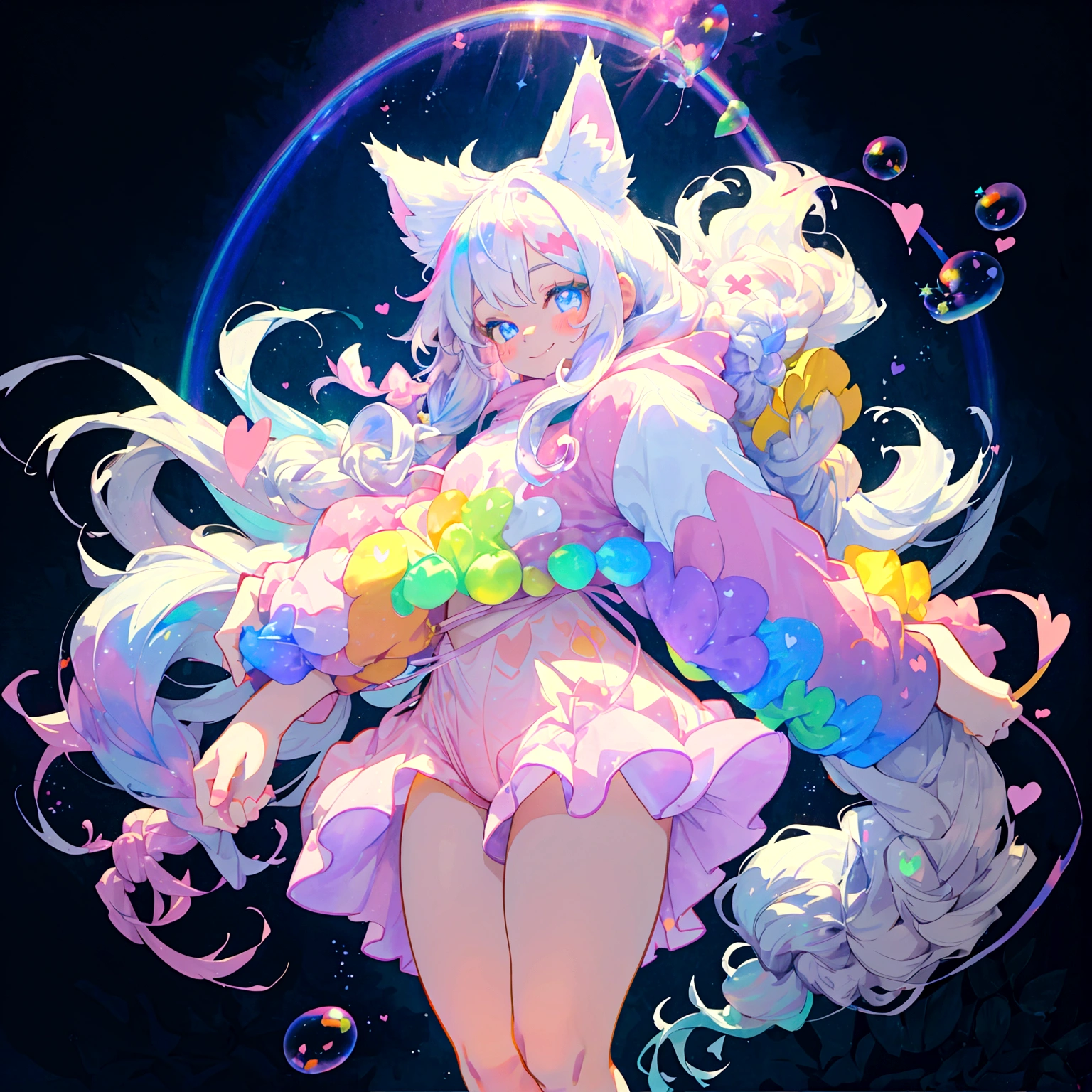 a cute adult male with wolf ears, long white hair, long locks, has a wolf tail, thick thighs, wide hips, short, wearing pink romper with a hood and pink shorts, has heart on chest, has bunny ears on hood, very slim, showing slender tummy, squishy thighs, has glowing blue eyes. alone, solo (ALONE)(SOLO), surrounded by rainbows, colorful galaxy backround, smiling, ontop of a pile of fluffy plushes, plushies everywhere, kawaii plushies, surrounded by bubbles, surrounded by rainbow leaves, standing up dancing, thicc thighs