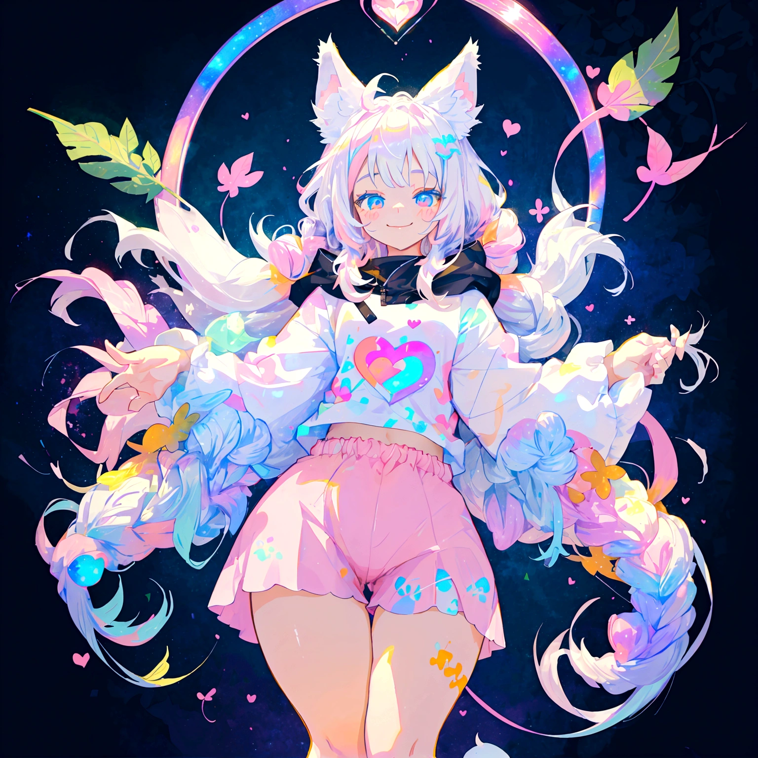 a cute adult male with wolf ears, long white hair, long locks, has a wolf tail, thick thighs, wide hips, short, wearing pink romper with a hood and pink shorts, has heart on chest, has bunny ears on hood, very slim, showing slender tummy, squishy thighs, has glowing blue eyes. alone, solo (ALONE)(SOLO), surrounded by rainbows, colorful galaxy backround, smiling, ontop of a pile of fluffy plushes, plushies everywhere, kawaii plushies, surrounded by bubbles, surrounded by rainbow leaves, standing up dancing, thicc thighs