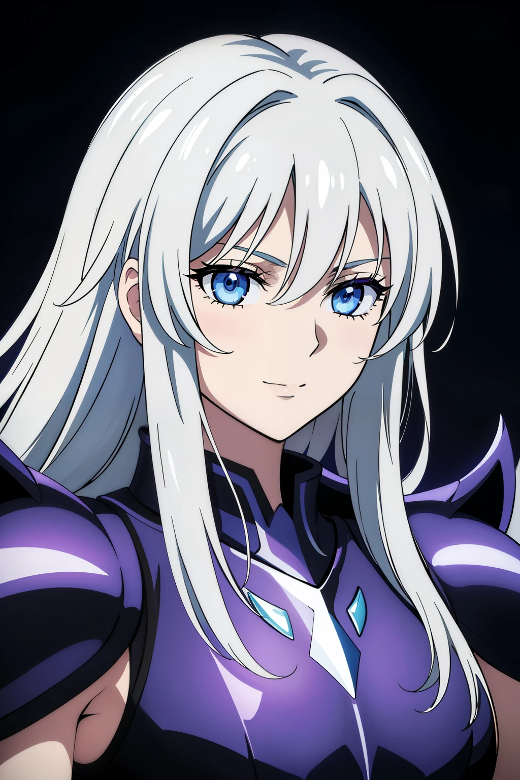 (high-quality, breathtaking),(expressive eyes, perfect face) portrait, Symmetrical Eyes, 1girl, female, solo, adult, silver white hair, blue coloured eyes, medium length hair, loose hair, side bangs, spiky hair, fluffy hair, looking at viewer, portrait, black background, narrow eyes, soft eerie blue lighting backround, rock terrain background, Hades Armor, Hypnos Saint Seiya Armor, Thanatos Saint Seiya Armor, Dark Purple Armor, trim, full plate, feminine face, cute smile, half body shot
