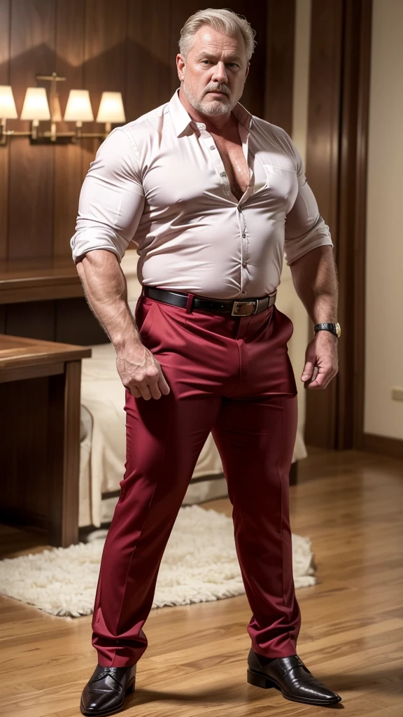 (best quality,4k,8k,highres,masterpiece:1.2), age 60, white man sheriff , horny disgusting, muscular chubby, kind, opened red silk shirt , mature daddy, Dress Pants with big bulge, hairy chest hard nipple, belt, loafer,