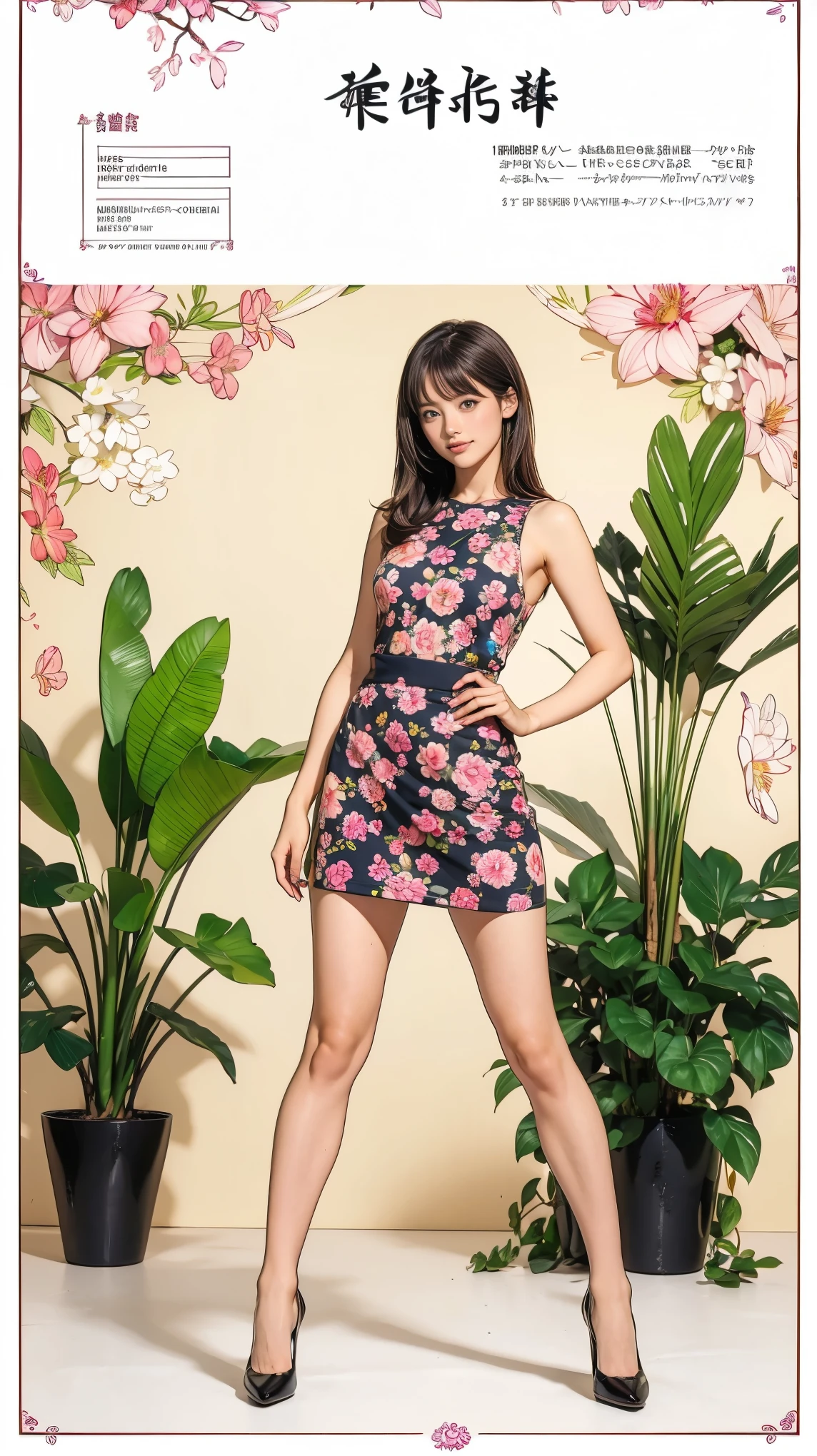 ((masterpiece)),(((Highest quality))),((Character design sheet)),Thin thighs,Long legs,whole body:1.5，(One Girl:1.3),(Black pantyhose and thick pointy heels：1.3),(Wearing a floral and plant patterned mini skirt dress:1.2),Short blonde:1.2、Model pose，Floral and botanical background:1.5，Pull up your skirt:1.5