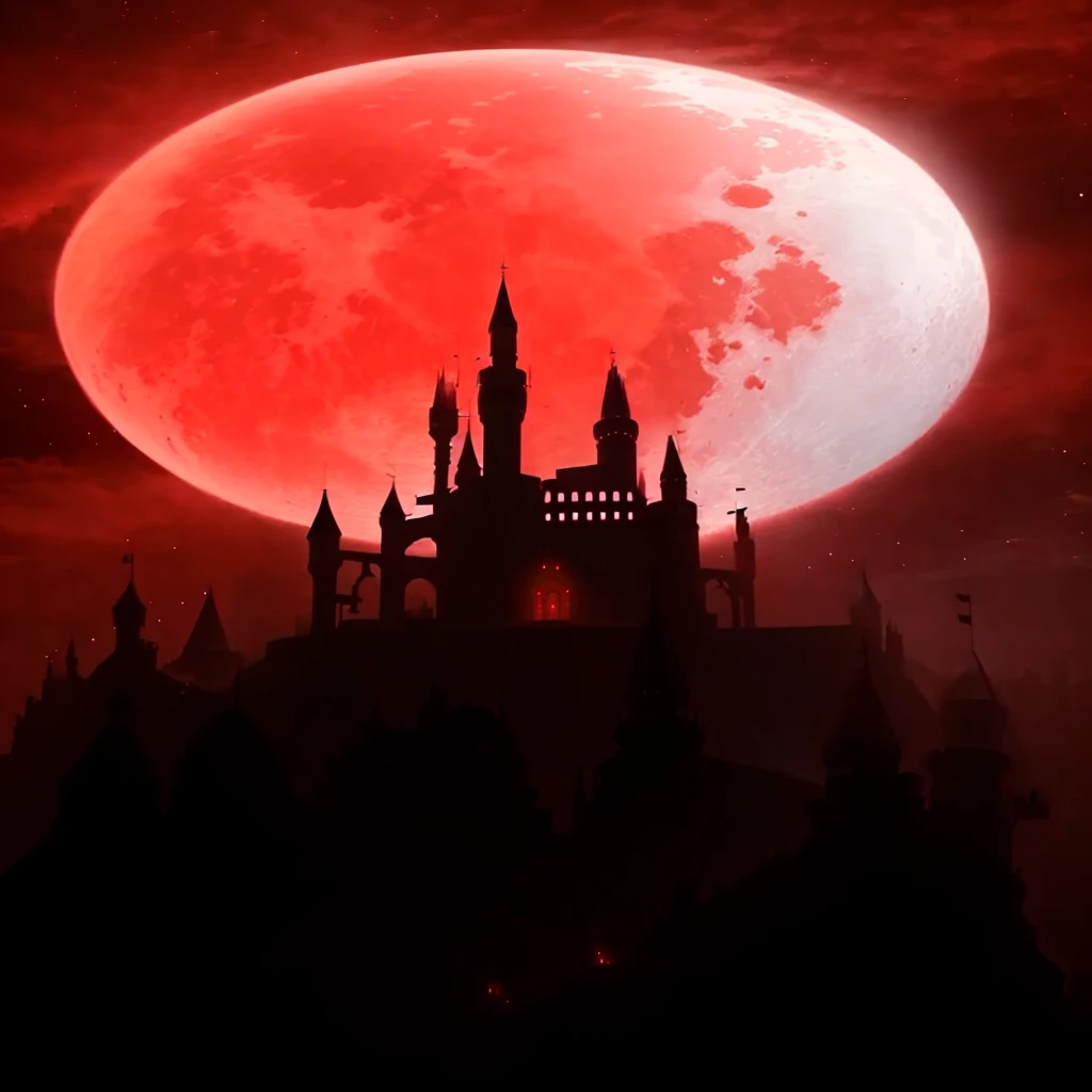 there is a castle in the middle of a red sky, blood Moon background, shadowy castle background, blood Moon, during a blood Moon, praise the blood Moon, dark castle background, in a castle on an alien planet, blood Red Moon, full blood Moon, inspired by Castlevania, huge Red Moon, castle background, detailed crimson moon, Red Moon, blood temple