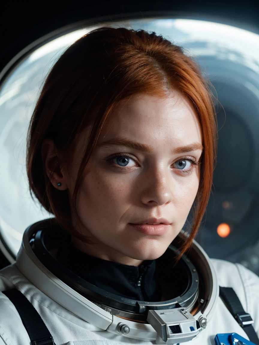 photo of a redheaded woman, in space, futuristic spacesuit, (freckles:0.8) cute face, Sci-fi, dystopian, detailedeyes, blue colored eyes