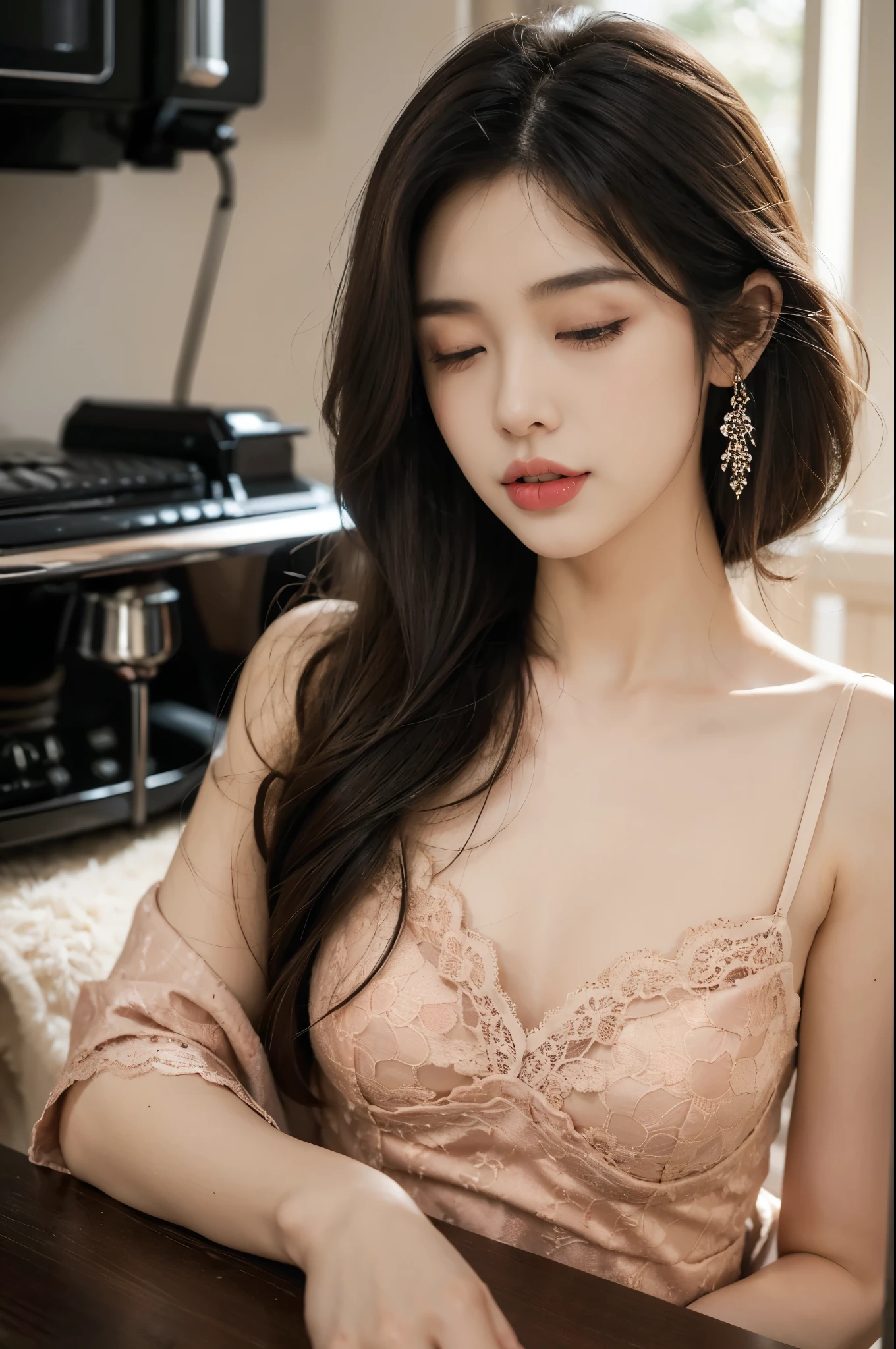 (((best quality))),(((ultra detailed))),(((masterpiece))),illustration,((1 beautiful young girl,solo,)),((slim,thin)),((small breasts,flat chest)),(shoulder length straight bob hair:1.2),(round face:1.2),delicate, sitting on the chair beside the dining table,(lace pajama dress:1.3),luxurious, exquisite, smooth skin, delicate facial features, pouted lips, doll-like appearance,(a cup of coffee:1.3), blinking,((close eyes,open mouth,female orgasmic,blush,ahegao, tongue sticking out)), exhaling, soft light, warm glow, pitch-black kitchen, dim light, eerie atmosphere, mysterious, soft hum, air conditioner, ticking clock, tranquil, ominous, otherworldly feel,darkness, loneliness, unaware, world outside,(from front,upper body),(night scene:1.5)