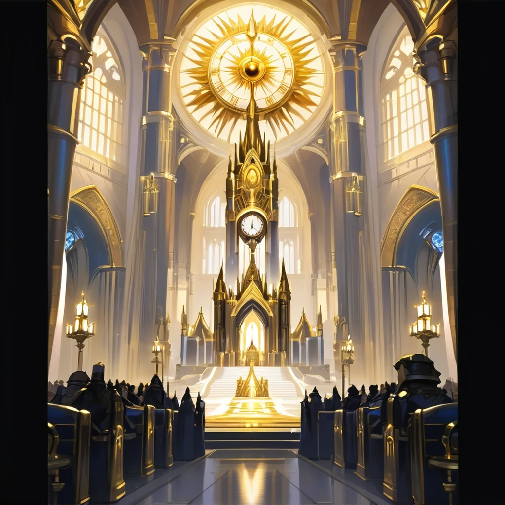 There is a photo of a large building,There is a big clock on it, Cathedral Background, Kingdom of Light Background, Stunning mysterious background, symmetry!! Concept Art, interior background technology, Concept Art magical highlight, The Golden Throne Room, Gorgeous border + Concept Art, symmetric Concept Art, World of Warcraft art style, decadent The Golden Throne Room, cathedral of the sun, background technology