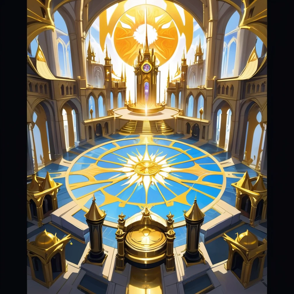 There is a photo of a large building，There is a big clock on it, Cathedral Background, Kingdom of Light Background, Stunning mysterious background, symmetry!! Concept Art, interior background technology, Concept Art magical highlight, The Golden Throne Room, Gorgeous border + Concept Art, symmetric Concept Art, World of Warcraft art style, decadent The Golden Throne Room, cathedral of the sun, background technology