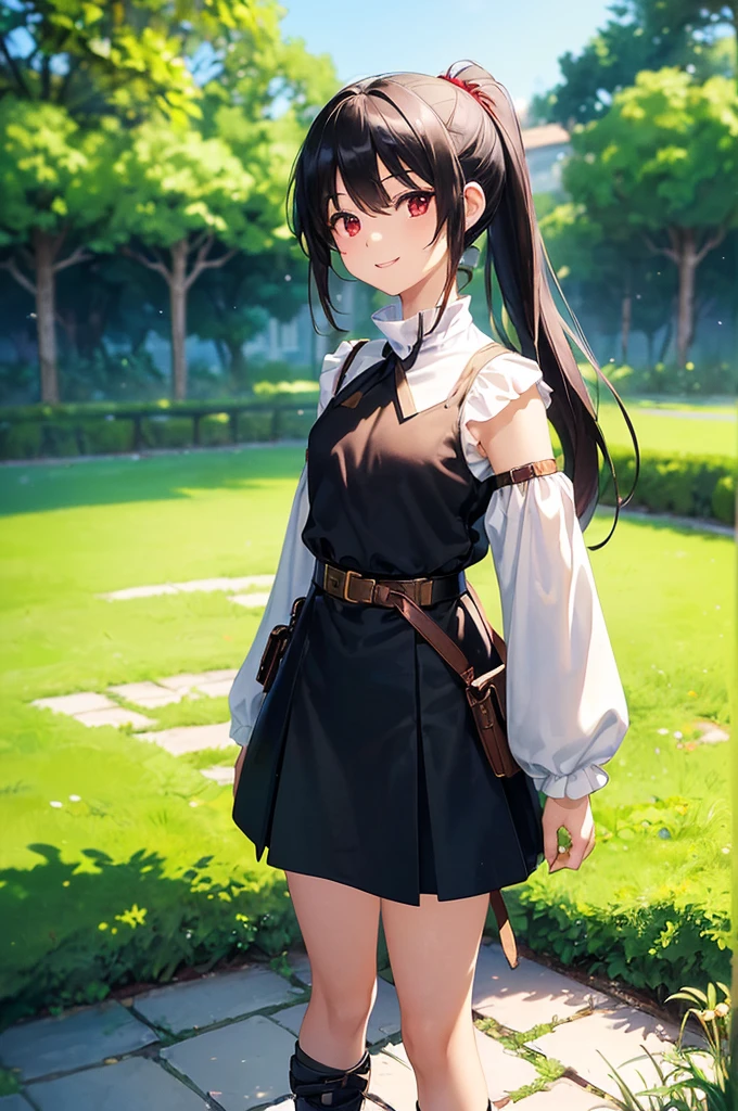 (masterpiece; best quality: 1.2), (finely detailed eyes: 1.3), ((10 year old female kid)), ((solo)), (red eyes: 1.4), (body; short, slender, small breasts: 1.3), (black hair in ponytail: 1.3), (beautiful and clear background: 1.2), ((depth of field)), (clothes: wanderer mage attire + white-and-gold wide-sleeve high-neck shirt + very-long black skirt + belts + traveler pouches and satchel: 1.3), (anime illustration: 1.2), (background; garden exterior: 1.1), (extremely fine and beautiful: 1.1), (shot composition; standing + centered on torso + close-up: 1.5), (expression; calm, smile: 1.2)
