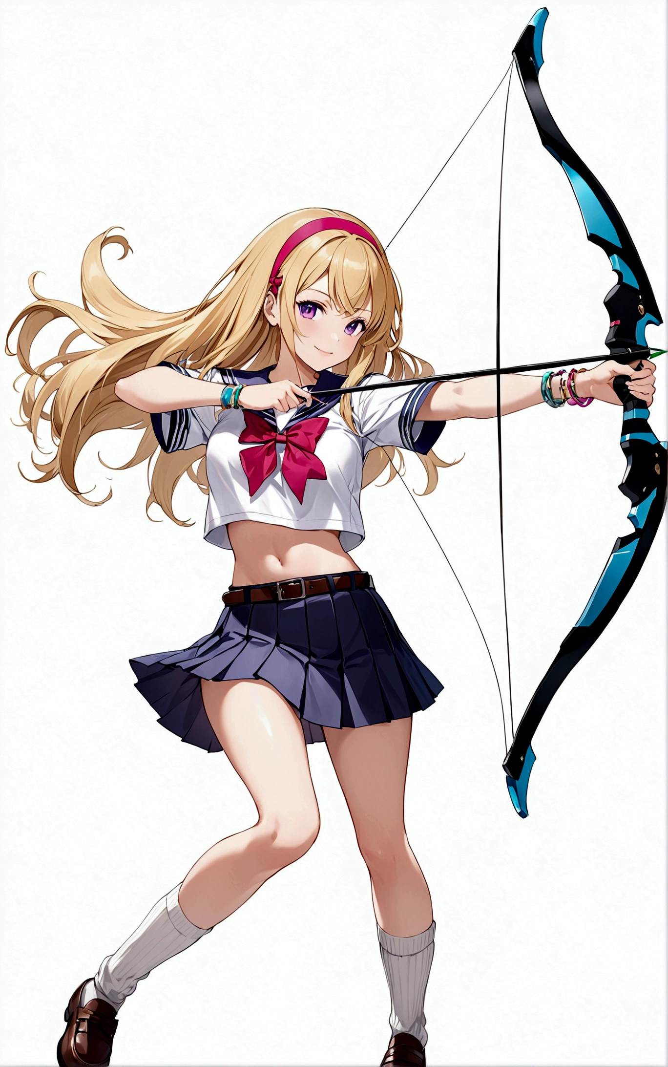 1girl, solo, long hair, breasts, smile, skirt, blonde hair, simple background, white background, bow, navel, holding, school uniform, purple eyes, full body, weapon, short sleeves, pleated skirt, hairband, shoes, socks, midriff, belt, miniskirt, bowtie, sailor collar, stomach, holding weapon, bracelet, crop top, outstretched arm, white socks, bow \(weapon\), arrow \(projectile\), loose socks, holding bow \(weapon\), aiming, holding arrow, drawing bow