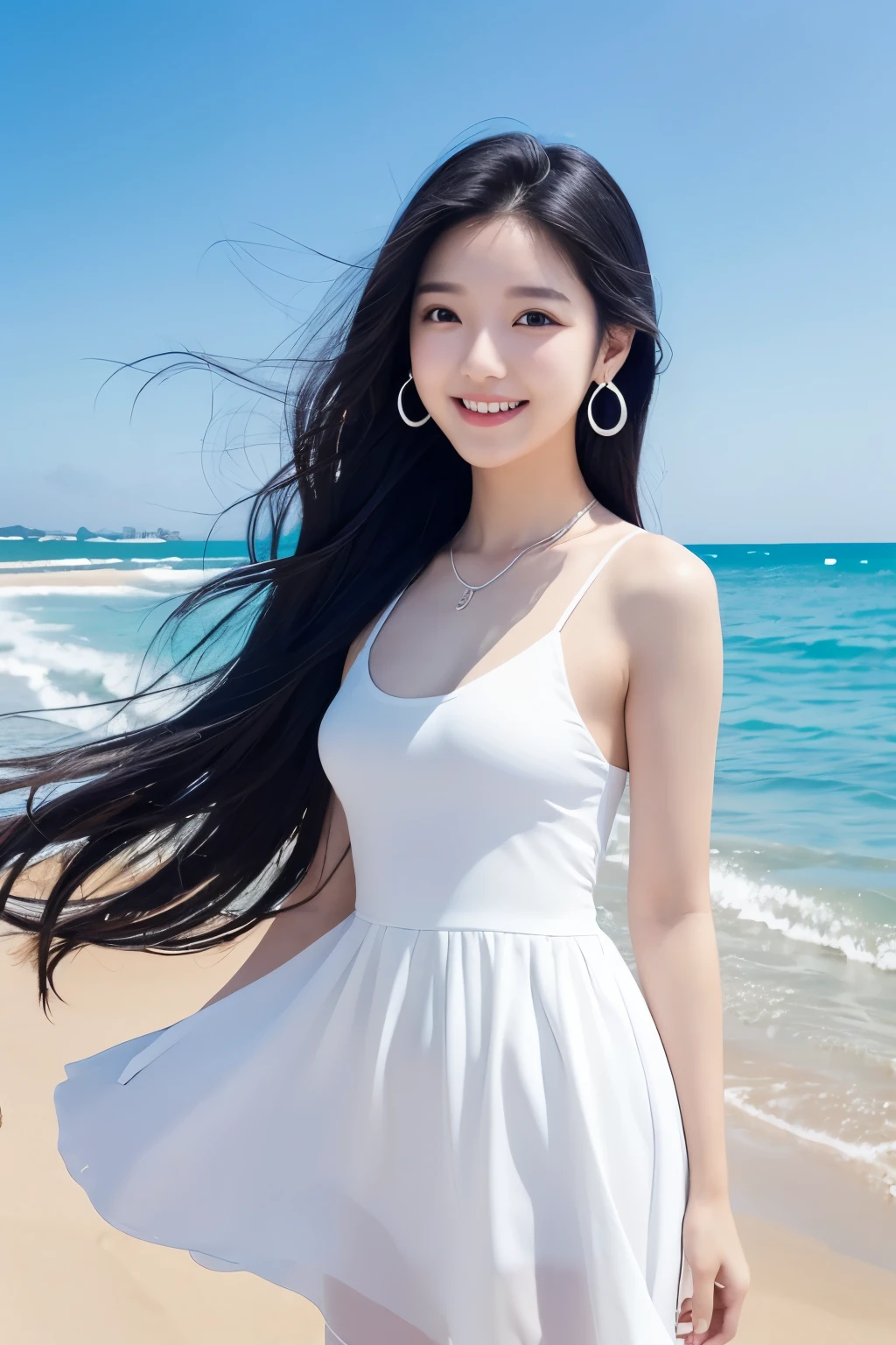 (highest quality, 32k, High resolution, masterpiece:1.5, ), Energetic and dazzling photography, ((Illuminated by the strong light of midsummer)), Evoking a sense of comfortable movement and elusive beauty, Expressing emotions, Have a rich imagination, Cute Japanese Girls, An exceptionally beautiful face, Perfect Human Anatomy, Magical big eyes, Motherhood and generosity, Overflowing affection, ((A kind smile:1.3)), ((Shiny black super long straight silk hair)), Asymmetrical bangs are beautiful, Hair between the eyes, Transparent and soft skin, Neat, thin eyebrows, double eyelid, Pale pink lips, ((White off-shoulder dress)), High resolution perfect clavicle, Beautiful chest in high resolution, Slender body with ample breasts, High resolutionの美しい太もも, ((Beautiful resort beaches)), Beautiful, clear, blue sea, White sand beach, Detailed summer sky, Strong sunlight, Professional Lighting, Professional Photographer, Professional Model
