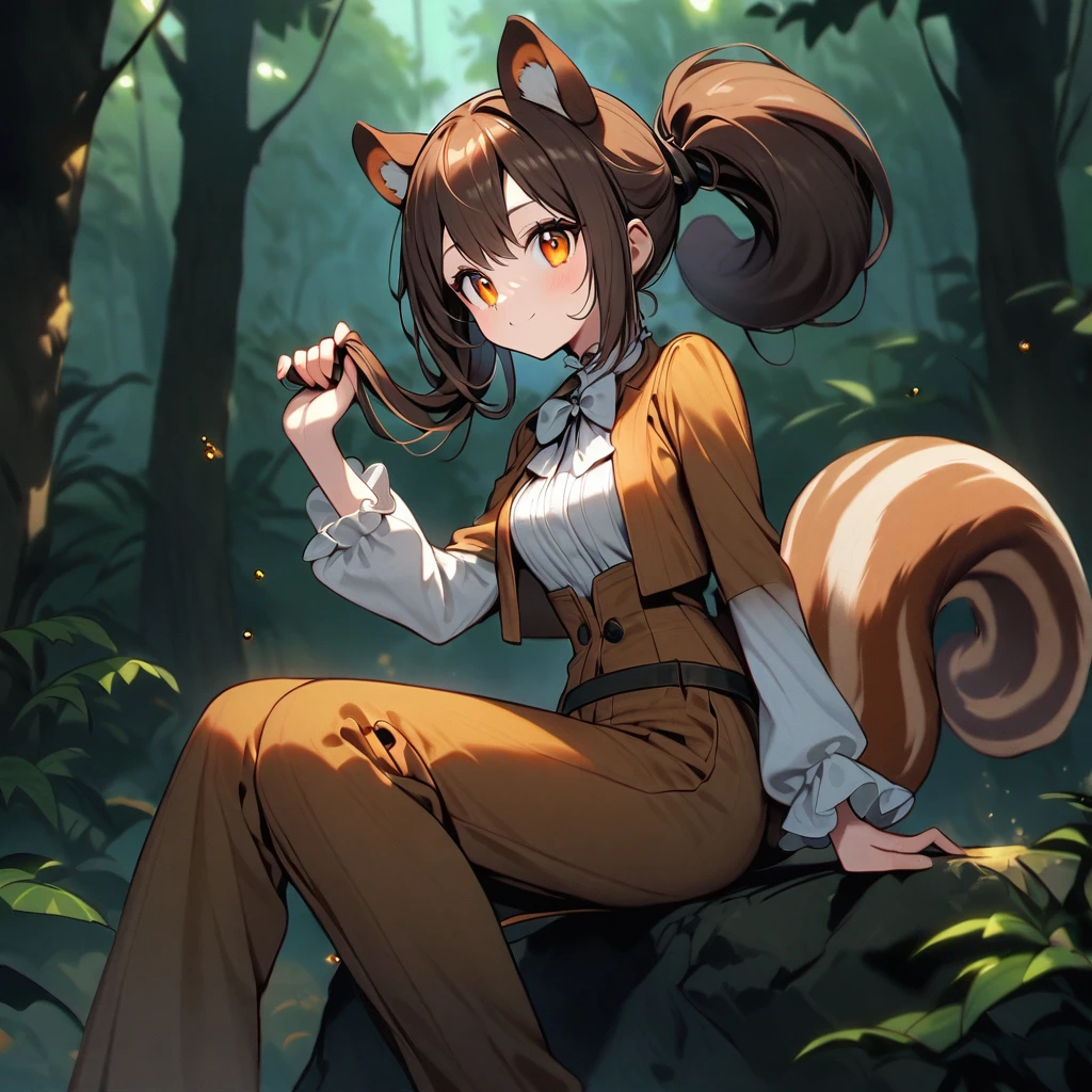 (well done:1woman, squirrel ears and tail, hair to the middle of her back orange with white tips with a small ponytail holding her hair, wears a white bow on her head, honey colored eyes, wears a brown jumpsuit, white shirt underneath, pants brown. sitting on a rock in a forest