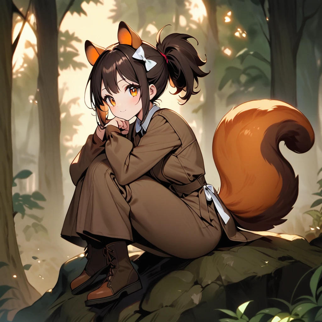 (well done:1woman, squirrel ears and tail, hair to the middle of her back orange with white tips with a small ponytail holding her hair, wears a white bow on her head, honey colored eyes, wears a brown jumpsuit, white shirt underneath, pants brown.  sitting on a rock in a forest