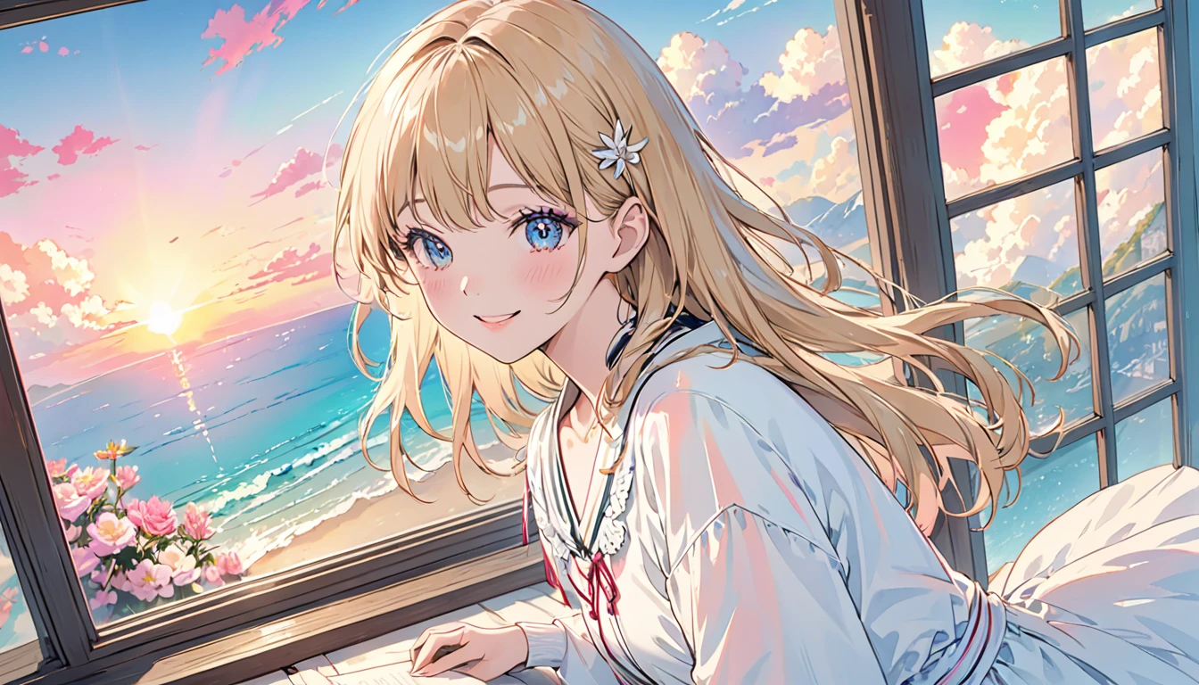 (masterpiece:1.5、Highest quality:1.5)、((((VaporWave Style、Partially colored))、Close-up、From above、Cinematic angle、(((vanilla)))、 1girl、solo、Cute Smile、(vanillaアイスクリームを持って)、Jewelry decoration、Blonde、long_hair、The doll is a mess、decadent life、 poles outside the window、Sunset outside the window、