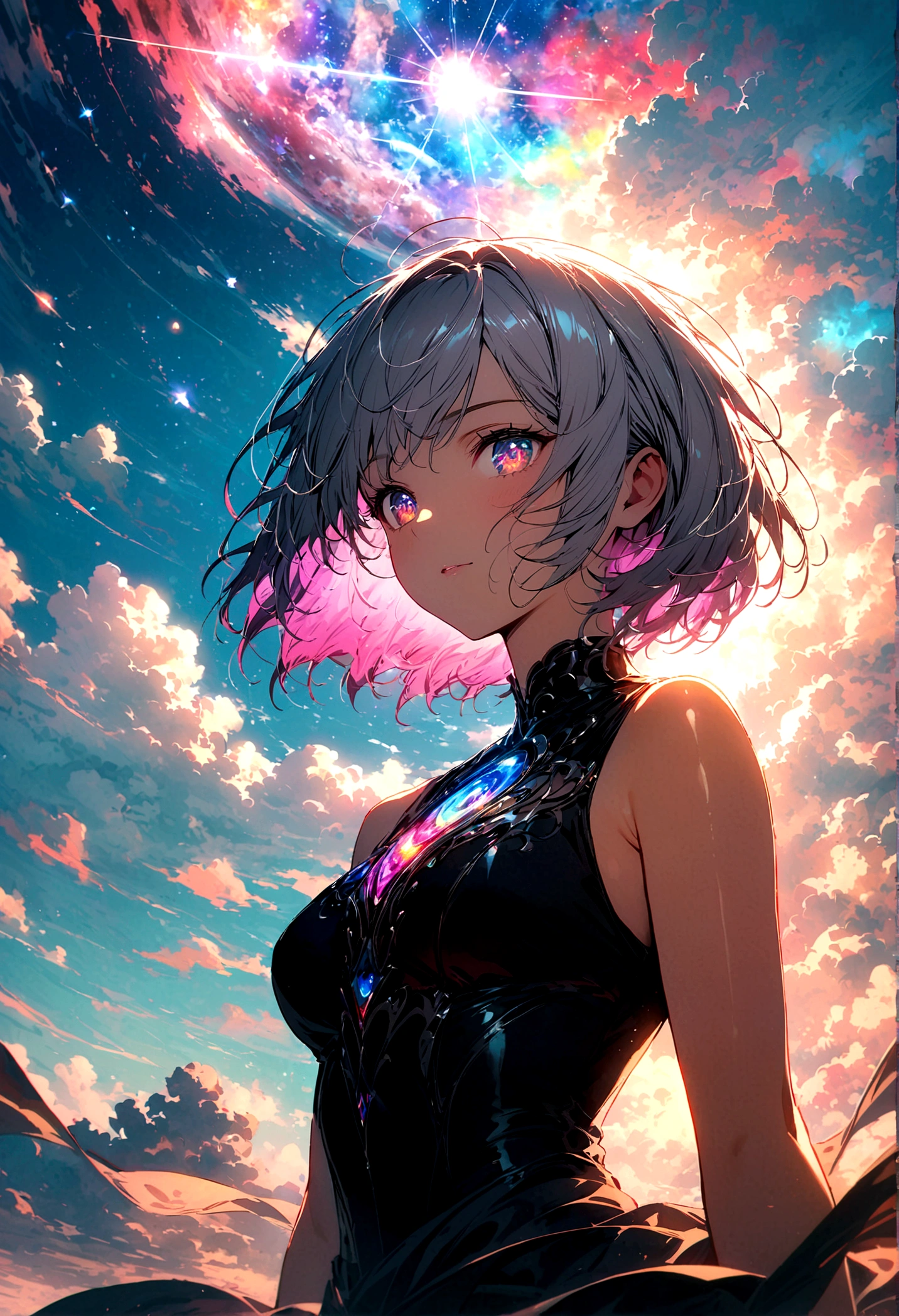 woman, Silver flowing short hair, Cosmic eyes, Beautiful sky, Beautiful clouds, In summer,Improve resolution