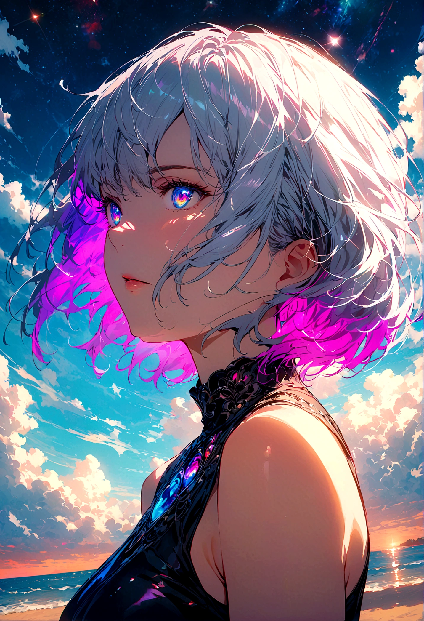 woman， Silver flowing short hair, Cosmic eyes,  Beautiful sky, Beautiful clouds, In summer，Improve resolution