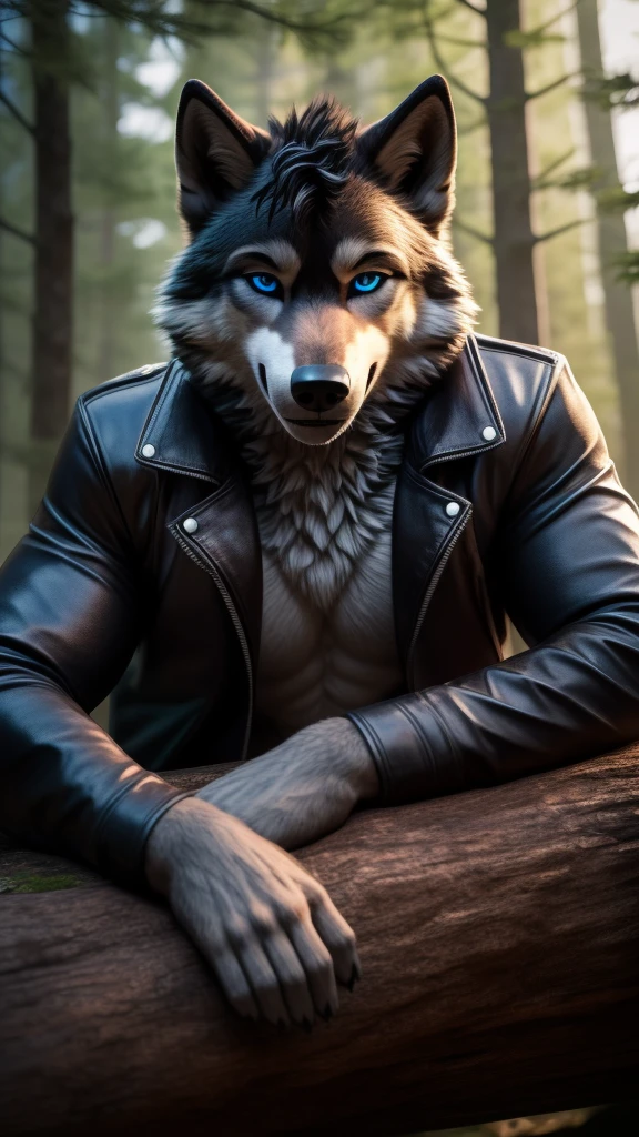 Sexy Posing, male, 30 years old, cute, eyeliner, short black hair, biting lip smile, black leather jacket, bedroom eyes, anthro, wolf ears, (black fur:1.5), wolf, forest background, 8k, hi res, (best quality, masterpiece), blue eyes, lying on log, wolf tail