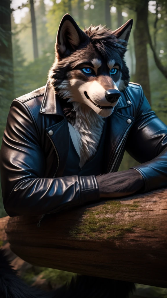 Sexy Posing, male, 30 years old, cute, eyeliner, short black hair, biting lip smile, black leather jacket, bedroom eyes, anthro, wolf ears, (black fur:1.5), wolf, forest background, 8k, hi res, (best quality, masterpiece), blue eyes, lying on log, wolf tail