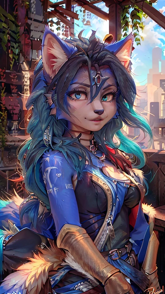 A beautiful and detailed (sweet portrait) wa ((Krystal)), Star Fox Krystal, sslim, lovable, green eyes, medium breasts, (((Long blue hair 1.3))), Decollete, anthro, furry, Uploaded E621, detailed fluffy fur, (wa Fluff-Kevlar, Bayard Wu, Personalami, Pino Daeni), detailed face, (fluffy), 1 girl, alone, sweet girl, 
