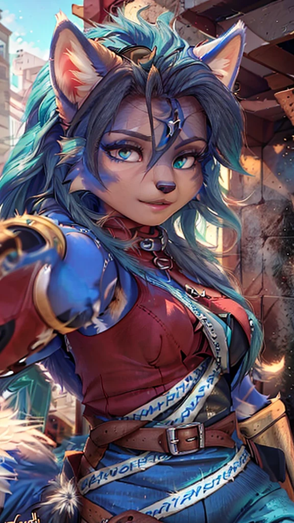 A beautiful and detailed (sweet portrait) wa ((Krystal)), Star Fox Krystal, sslim, lovable, green eyes, medium breasts, (((Long blue hair 1.3))), Decollete, anthro, furry, Uploaded E621, detailed fluffy fur, (wa Fluff-Kevlar, Bayard Wu, Personalami, Pino Daeni), detailed face, (fluffy), 1 girl, alone, sweet girl,