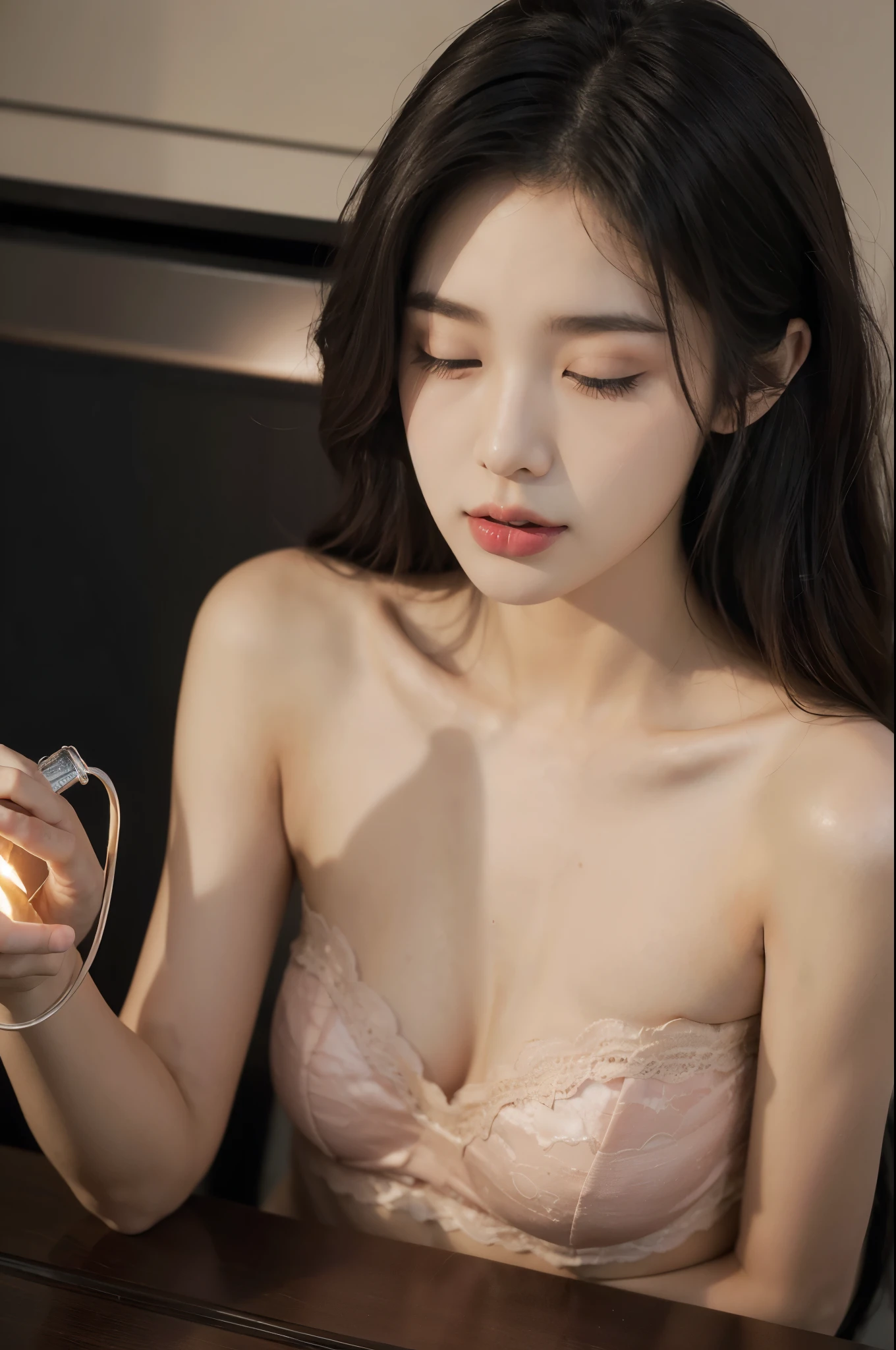 (((best quality))),(((ultra detailed))),(((masterpiece))),illustration,((1 beautiful young girl,solo,)),((slim,thin)),((small breasts,flat chest)),(shoulder length straight bob hair:1.2),(round face:1.2),delicate, sitting on the chair beside the dining table,(strapless lace bra:1.3),luxurious, exquisite, smooth skin, delicate facial features, pouted lips, doll-like appearance,(a cup of coffee:1.3), blinking,((close eyes,open mouth,female orgasmic,blush,ahegao, tongue sticking out)), exhaling, soft light, warm glow, pitch-black kitchen, dim light, eerie atmosphere, mysterious, soft hum, air conditioner, ticking clock, tranquil, ominous, otherworldly feel,darkness, loneliness, unaware, world outside,(from front,close-up of face),(night scene:1.5)