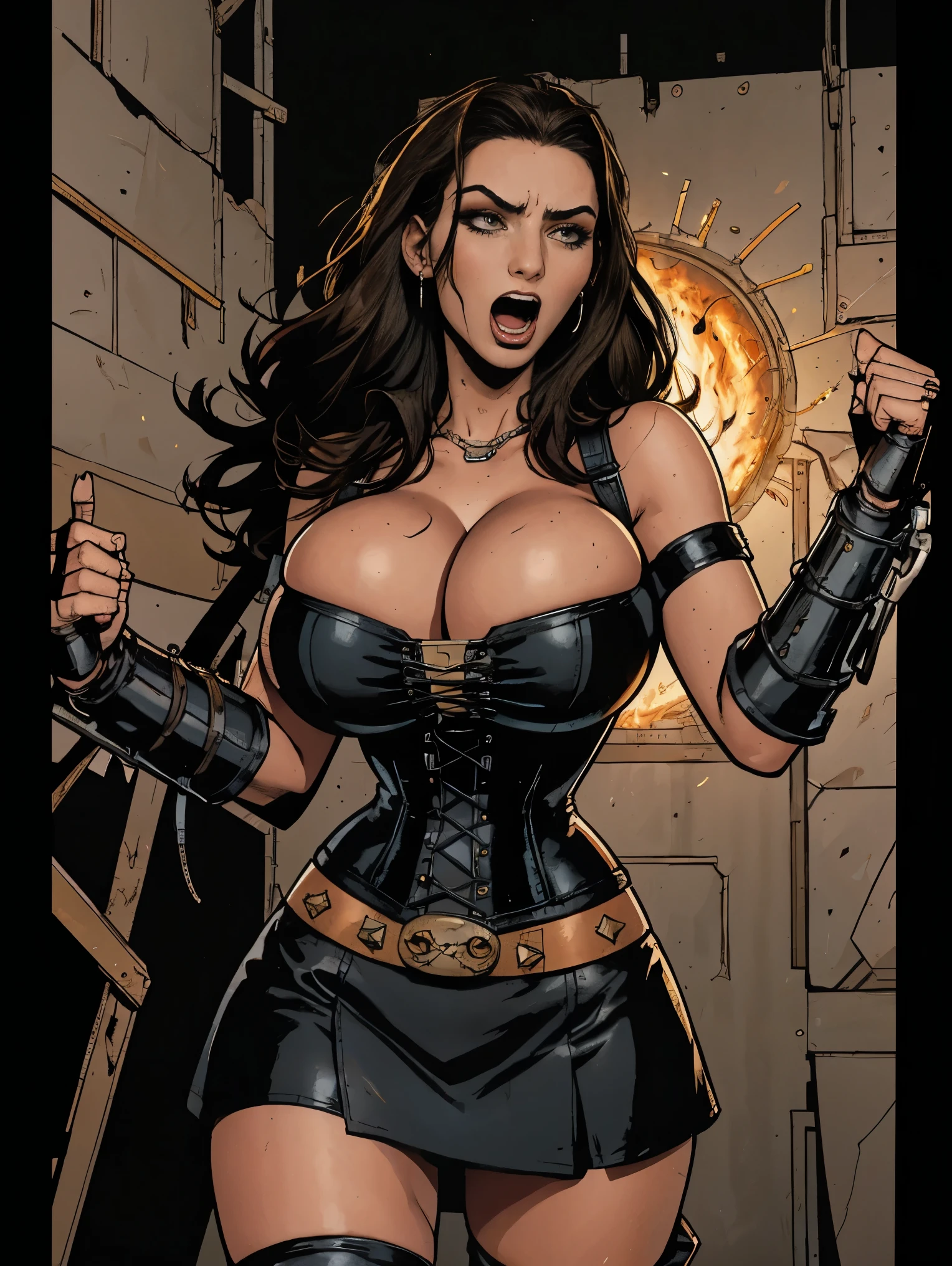 Extremely busty thin and toned brunette death metal singer, college girl, fair skin, big hair, hair pulled back, soft face, athletic, heavy makeup, piercings, black leather, studs, corset, boots, fingerless gloves, tight skirt, chains. standing on a stage, pyrotechnics, holding a microphone, metal concert. (microphone, fist in the sky), angry, rage, screaming. Heavy metal. Death metal. Explosions, fire.