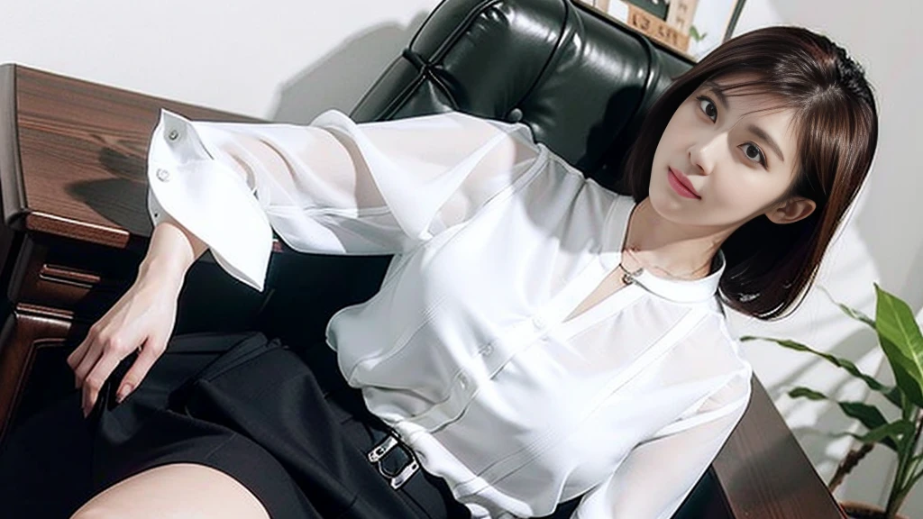 arafed woman sitting on a chair in a white shirt and black skirt, Wearing a blouse, Office Clothes, Wear a shirt, 白いWear a shirt, Korean Girls, wearing a White blouse, Korean women, 白いWear a shirt, Open shirt, Quality white shirt, 白いWear a shirt, Businesswoman, タイトなWear a shirtいる, White blouse, Business Attire