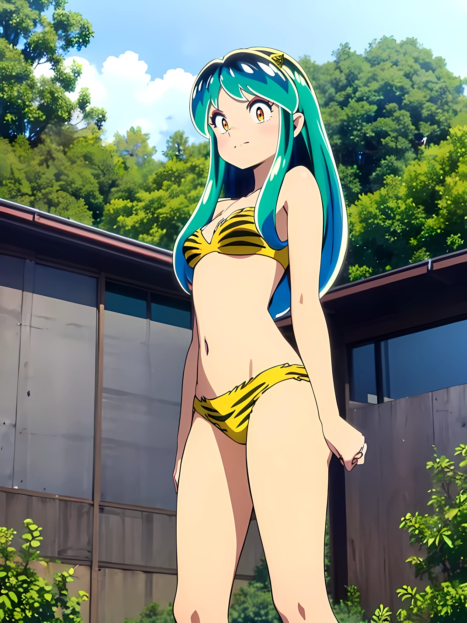 masterpiece, Highest quality, 1 Girl, Lum, Lum_Bikini, アニメ, Charm, 18-year-old, Are standing, High definition, From before, Green Hair, smile, 1980年代アニメスタイル, Cowboy Shot, School zone, From below