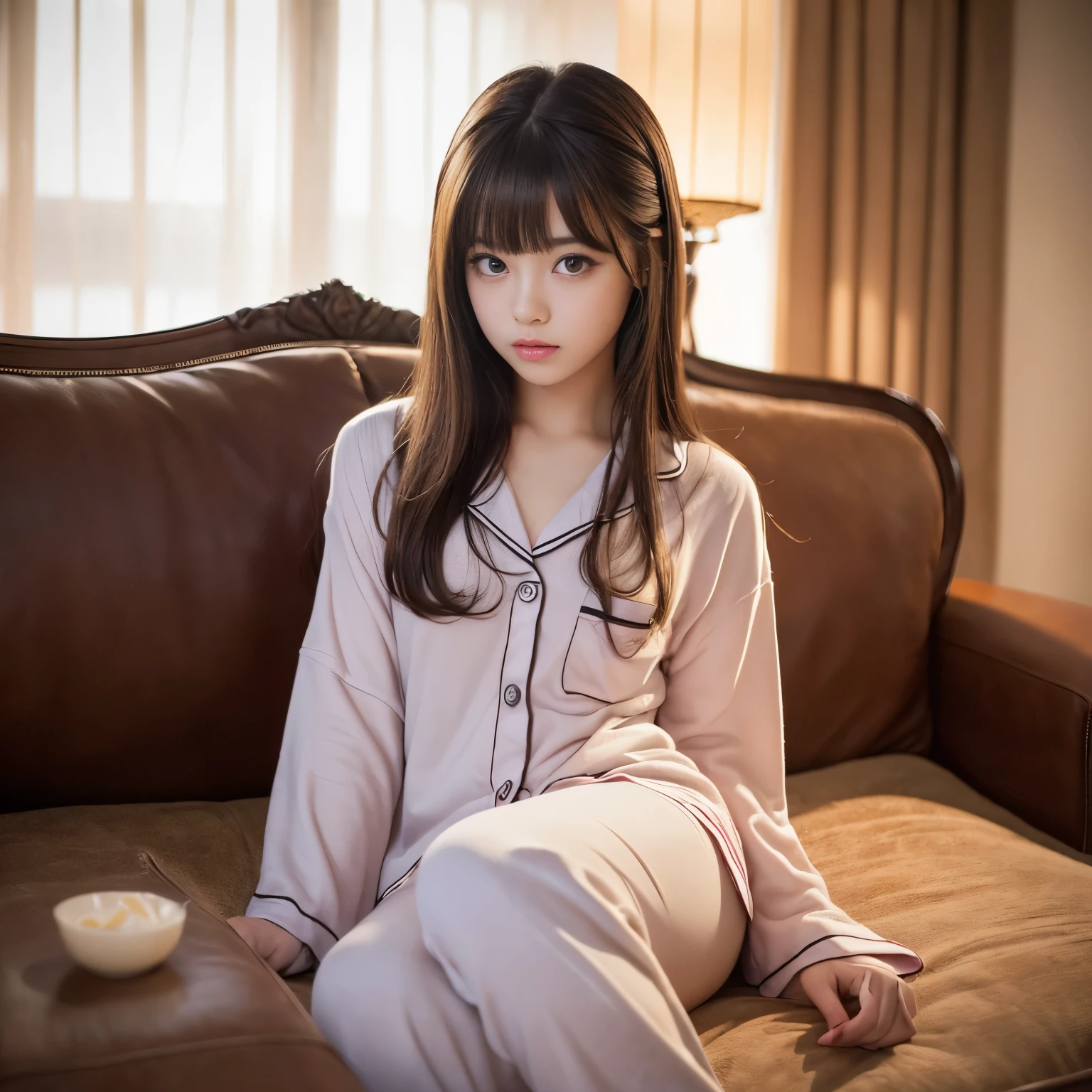 (Best-quality, Masterpiece, Ultra-High-Resolution, (Photorealistic:1.4), Raw Photo, depth of field, professional lighting, perfect anatomy, extremely details), 1girl, 15-years-old, the most famous Japanese idol, (extremely cute face like the most popular Japanese idol, ((extremely cute and extremely big eyes)), extremely beautiful hair, extremely beautiful skins), extremely cute long-eyelashes, extremely cute lips,
sitting on sofa in private-room,
wearing loose-fitting pajamas with cute-design,
(ingested large amounts of sex-drugs),
(((experienced abnormal sexual arousal)))