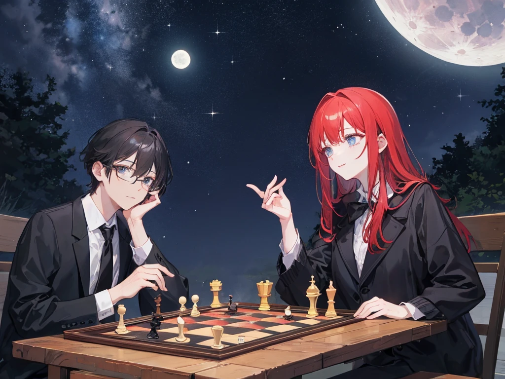A red-haired woman and a man with glasses are playing chess in a fantastical place under the starry sky　The moon is visible, and everyone looks happy, but there is also a slightly sad atmosphere.


