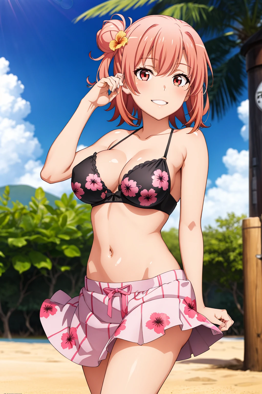 highest quality, High resolution, perfect pixel, Depth of the bounds written, 4k, beautiful anime girl, perfect body, 
looking at the viewer, 
Yuigahama Yui, 1 girl, short hair, pink hair, hair bun, pink eye, 
large breast, 

{{thick outline}}, {{black outline}}, {{game cg}}, {{vector trace}}, 1 girl, {{Hawaiian natives, hula dancer}}, 
dark skin, 
{{{{hair ornament, hair hibiscus, flower neck garland, {{Hawaiian lei}}, tube top bra, flower print long skirt, bare foots}}}}, dancing, smile, teenage, 
outdoor, {{Hawaii, beach}}, front view, facing the front, looking at viewer, from outside, 
perfect anatomy, intricate, (highly detailed),	

cowboy shot, 