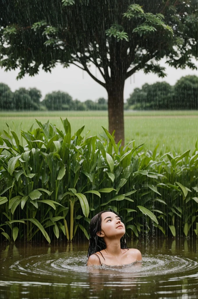 Create a 2D image of a girl in the field bathing in the rain and seeing a little plant