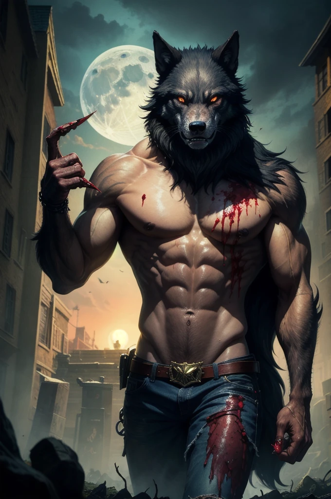 ((best quality)), ((masterpiece)),male hairy werewolf, bloody claws, dark scenery with the scarlet moon dripping with blood,