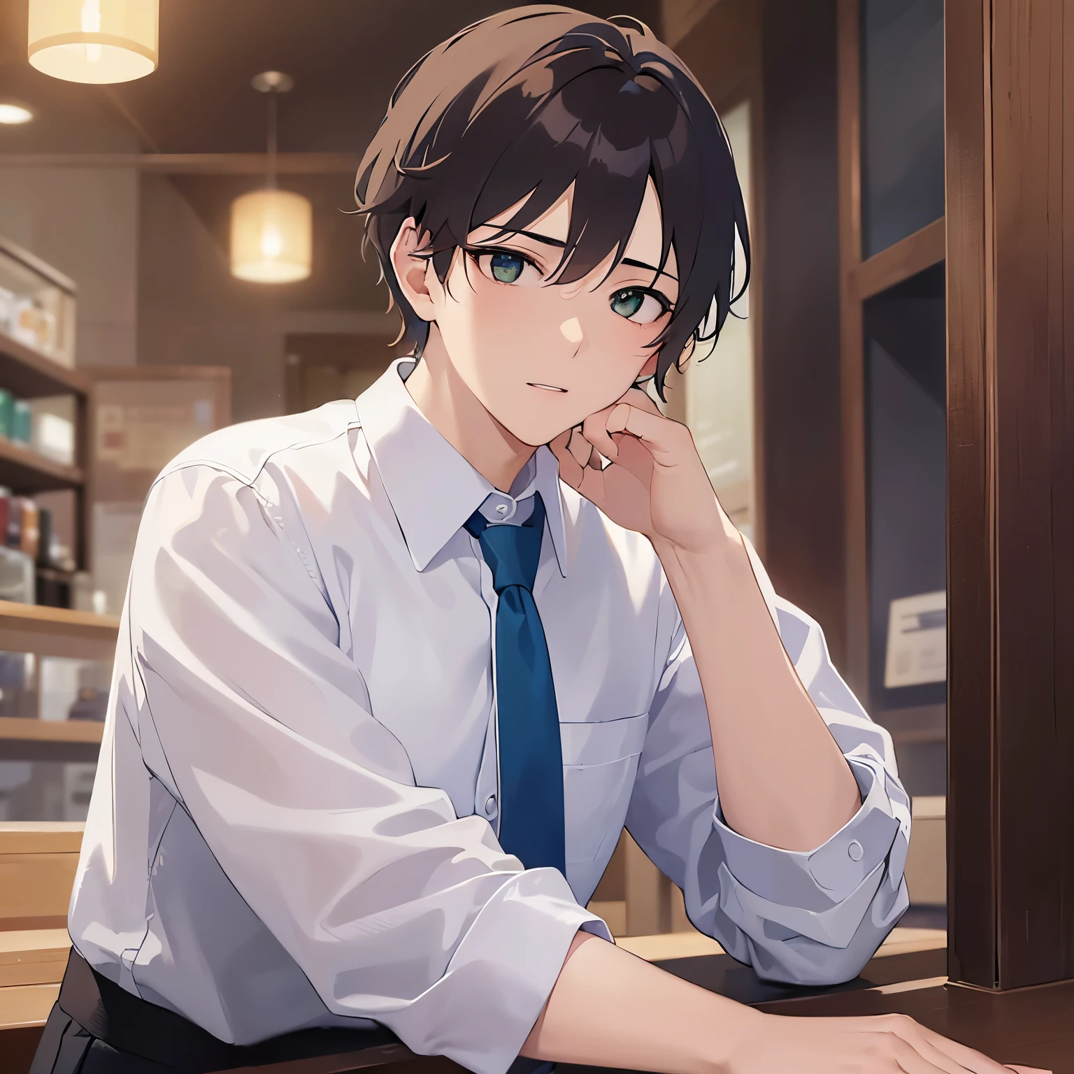 looking away,upper body,masterpiece、Highest quality、BREAK (25-year-old male:1.5) and (Mahogany brown short hair) and (Green Eyes)BREAK (white collared shirt) and (Blue tie),surprised,The background is the interior of a restaurant at night.,Sitting,Tilt your head