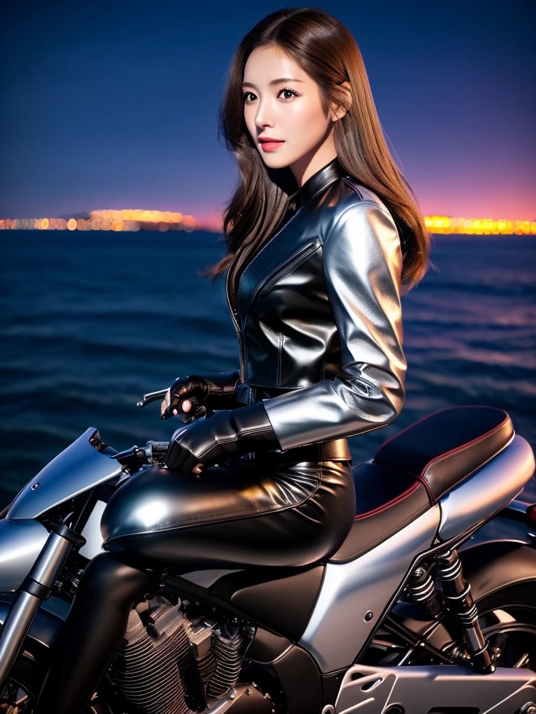 (masutepiece), Full body shot, photo of the whole motorcycle, Cute young woman in Japan, Ride an old traditional shiny metallic silver motorcycle at the wharf, glamorous shape, shoulder length shiny smooth light brown hair, Wearing a leather black riding jacket, Glossy satin red bikini under riding jacket, Leather Black Riding Gloves, Leather Black Pants, Leather Black High Heel Long Boots, staring at night view over the sea, absolutely pretty face, Double eyelids, Natural makeup, long eyelashes, Glossy lips, 8K resolution, high details, detailed hairstyle, Detailed face, Black eyes, elegent, epicd, Cinematic lighting, Octane Rendering, Vibrant, Hyper realistic, Fair skin, Perfect limbs, Perfect Anatomy