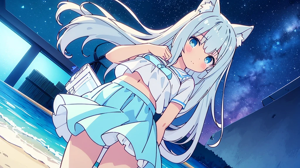 A nice white shirt that lets you see. 、Light blue flared skirt with ruffles、She lifts her skirt with both hands to show off her pretty white underwear.、Cute white underwear visible when you lift your skirt.、sandy beach, beautiful sea, night and starry sky small breasts  blue hair nekomimi 