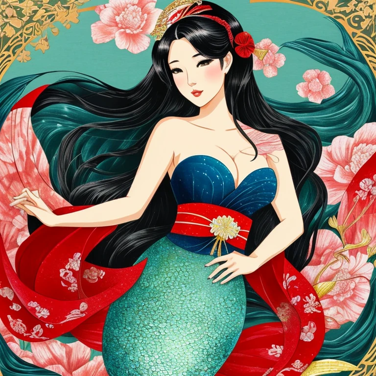 mermaid, mermaid Geisha illustration, 1girl, mermaid tail below waistline, kimono, cleavage, long hair, black hair,