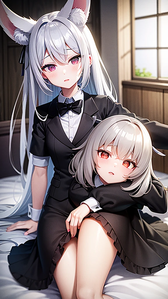 light silver hair,black buttler  suit, rabbit ear,pale red eye,silence,two front hair bundles