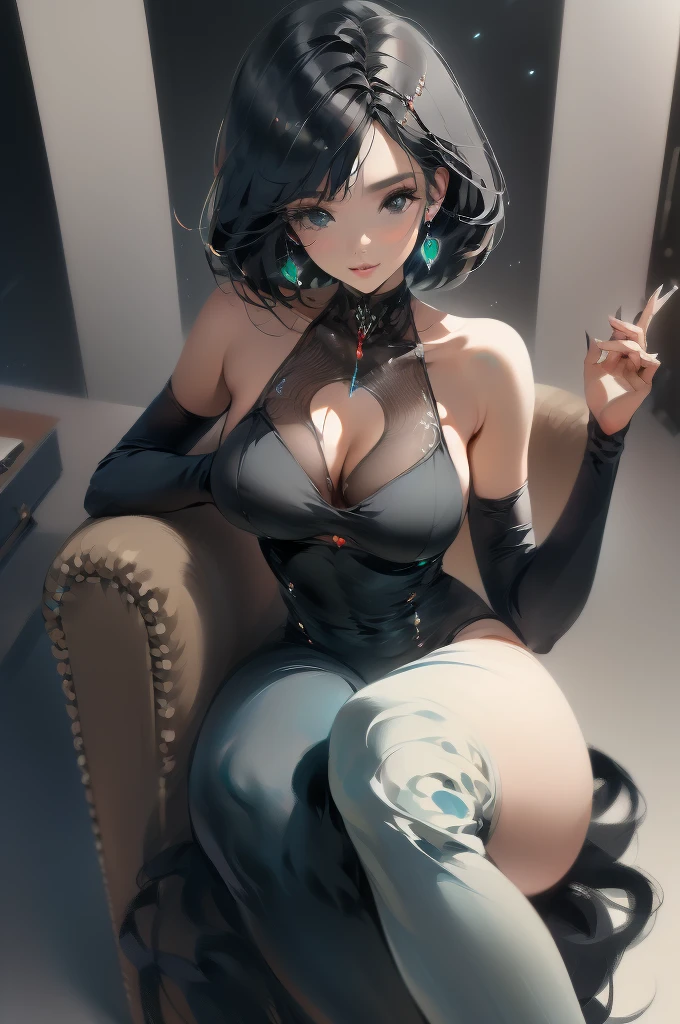 by Wlop, (Masterpiece) (Highest quality:1.4), (Highest Detailed:1.3), absurdres, Odette_ML, large breasts, thick thighs, full body composition, lifelike,smiling, Striking Contrast, Bold Composition, Evocative Intrigue, masterpiece,best quality, beautiful and aesthetic, cinematic composition, dynamic pose, (Rendered in ultra-high definition (UHD) resolution 8K:1.4), RAW,
