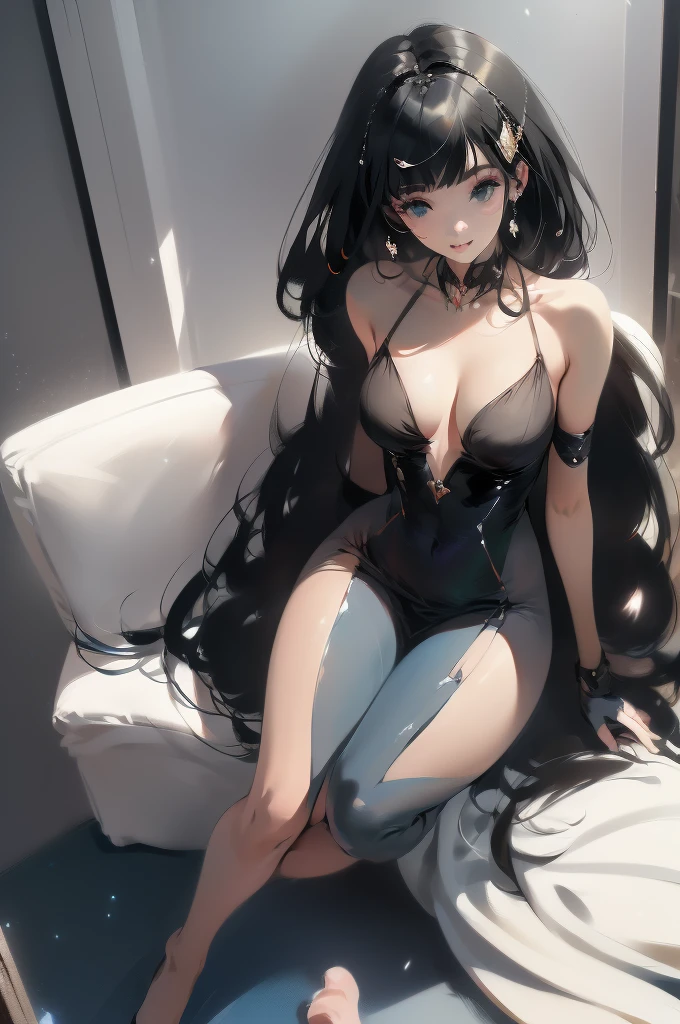by Wlop, (Masterpiece) (Highest quality:1.4), (Highest Detailed:1.3), absurdres, Odette_ML, large breasts, thick thighs, full body composition, lifelike,smiling, Striking Contrast, Bold Composition, Evocative Intrigue, masterpiece,best quality, beautiful and aesthetic, cinematic composition, dynamic pose, (Rendered in ultra-high definition (UHD) resolution 8K:1.4), RAW,