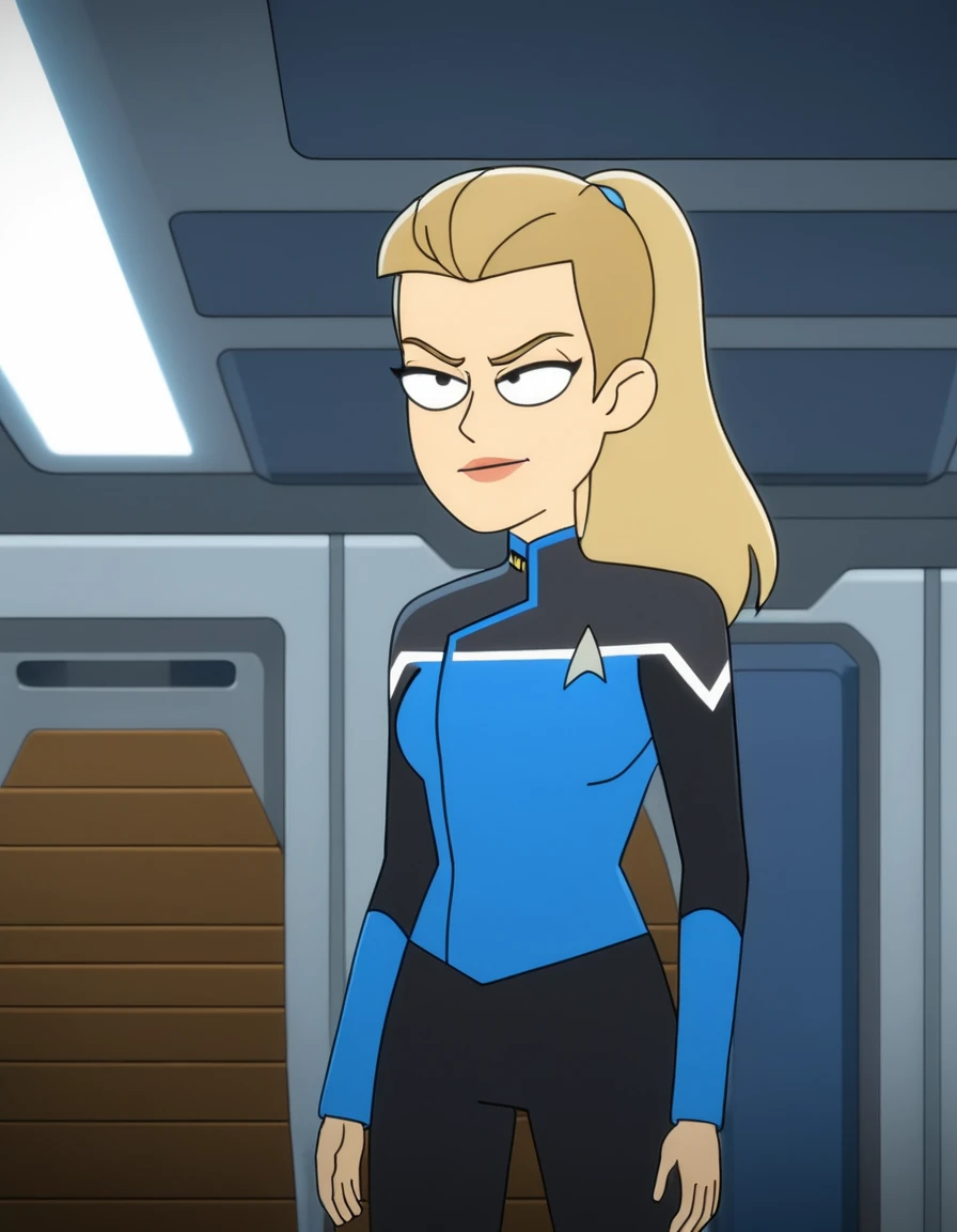 Hollywood movie motion capture picture of cosplay model, beautiful 26 year old niji woman as sci-fi soldier, solo, wearing sci-fi military armor without helmet, khaki and black armor, solo, (looking at viewer:1.2),
long light blonde hair tied in ponytail, realistic hair, ((blue eyes)), detailed pupils, standing and gesticulating ecstatically on the bridge of spaceship, (long shot:1.2), slim body, small breasts, flatchested, perfect teeth, angry face, sad facial expression, narrowed eyes, visible mimic wrinkles,
masterpiece, absurdres, portrait, detailed skin texture, detailed eyes, full lips, Artistic photo , ultra sharp, film, bokeh, (high quality), 4k,