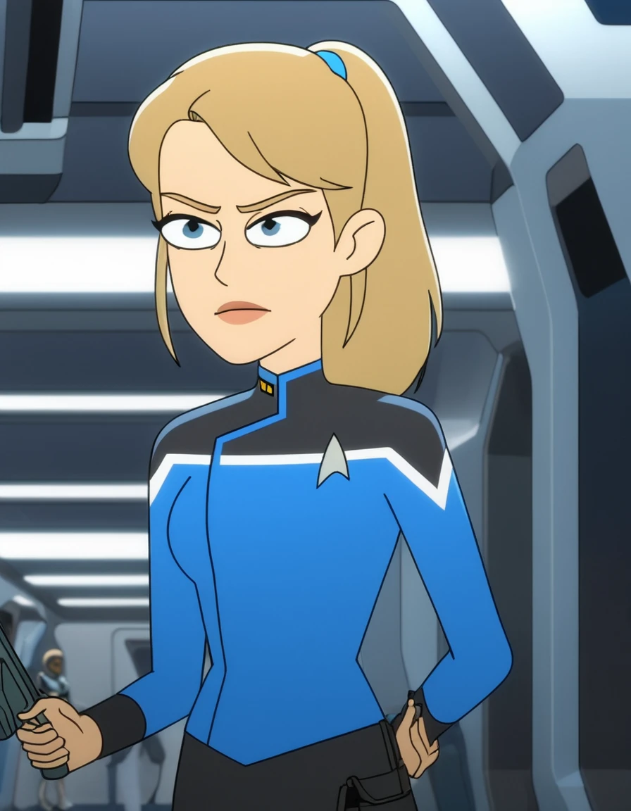 Hollywood movie motion capture picture of cosplay model, beautiful 26 year old niji woman as sci-fi soldier, solo, wearing sci-fi military armor without helmet, khaki and black armor, solo, (looking at viewer:1.2),
long light blonde hair tied in ponytail, realistic hair, ((blue eyes)), detailed pupils, standing and gesticulating ecstatically on the bridge of spaceship, (long shot:1.2), slim body, small breasts, flatchested, perfect teeth, angry face, sad facial expression, narrowed eyes, visible mimic wrinkles, 
masterpiece, absurdres, portrait, detailed skin texture, detailed eyes, full lips, Artistic photo , ultra sharp, film, bokeh, (high quality), 4k, 