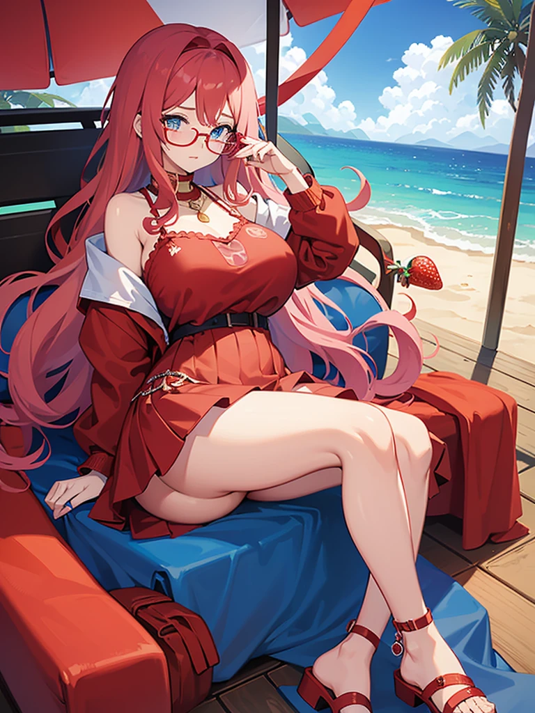 1girl, , long curly pink hair, red headband, perfect eyes, blue eyes, glasses, relaxed face, red necklace, hippie clothing, white blouse with strawberry print, red jacket, long blue skirt, red sandals, glass of strawberry juice in hand, big breasts, big ass, beach background