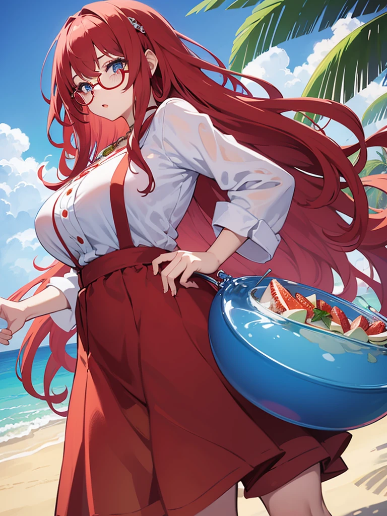 1girl, , long curly pink hair, red headband, perfect eyes, blue eyes, glasses, relaxed face, red necklace, hippie clothing, white blouse with strawberry print, red jacket, long blue skirt, red sandals, glass of strawberry juice in hand, big breasts, big ass, beach background