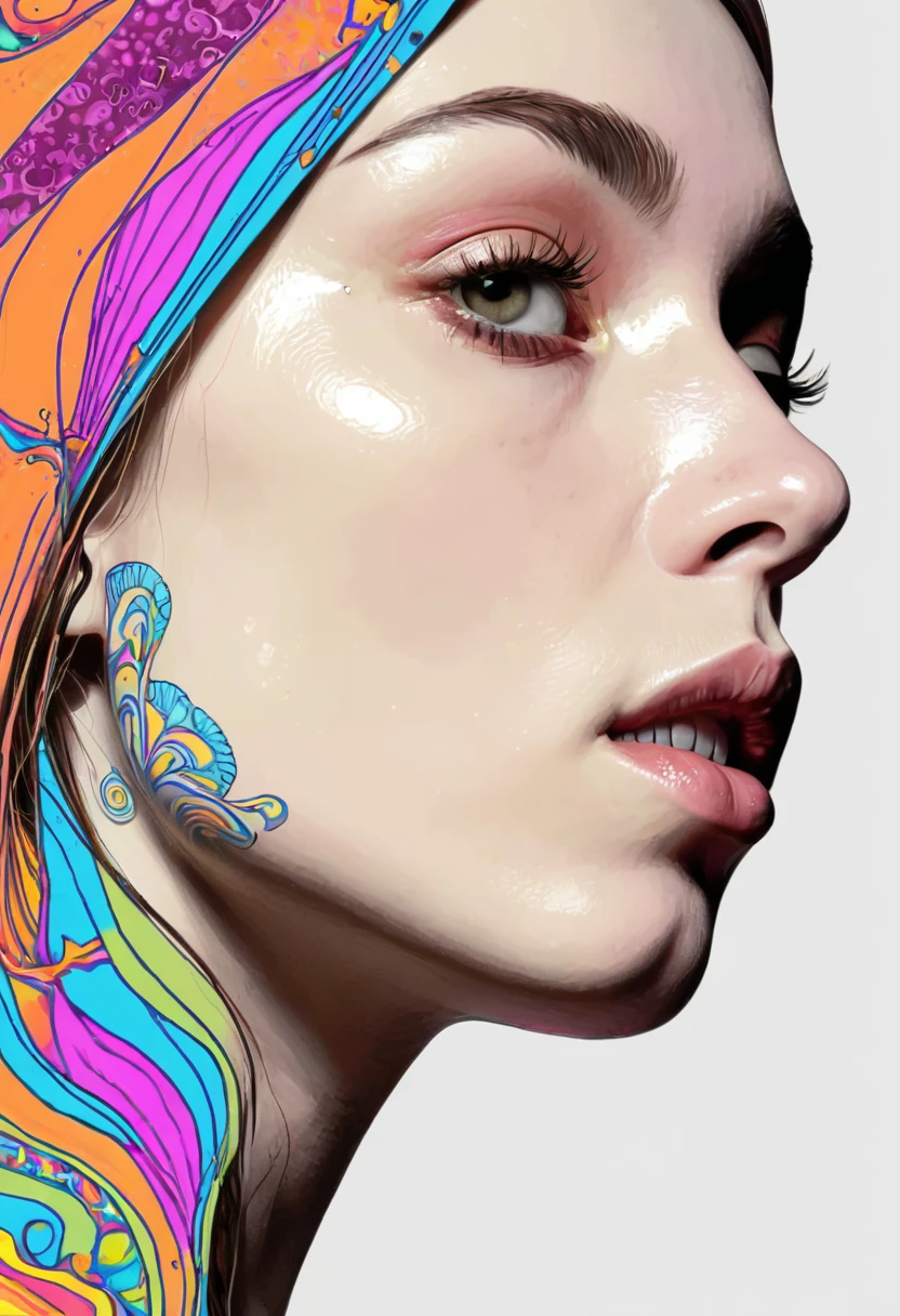 psychedelic, woman, drawing, from side, portrait ,detailed, 8k, simple background,