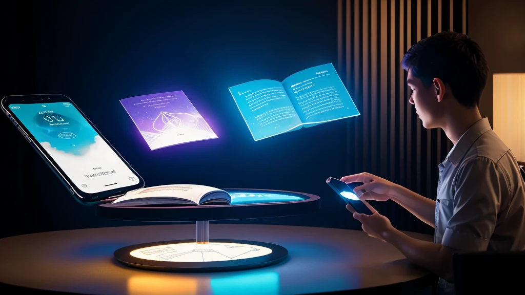 translucent books hovering in mid-air. In the foreground, a person is interacting with a holographic display projected from a smartphone. The display showcases the Audible app interface with dynamic visual representations of audiobook covers and immersive sound waves emanating from the device.
