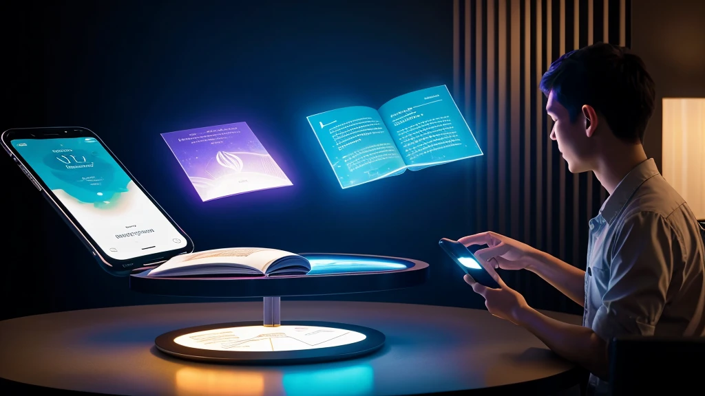 translucent books hovering in mid-air. In the foreground, a person is interacting with a holographic display projected from a smartphone. The display showcases the Audible app interface with dynamic visual representations of audiobook covers and immersive sound waves emanating from the device.